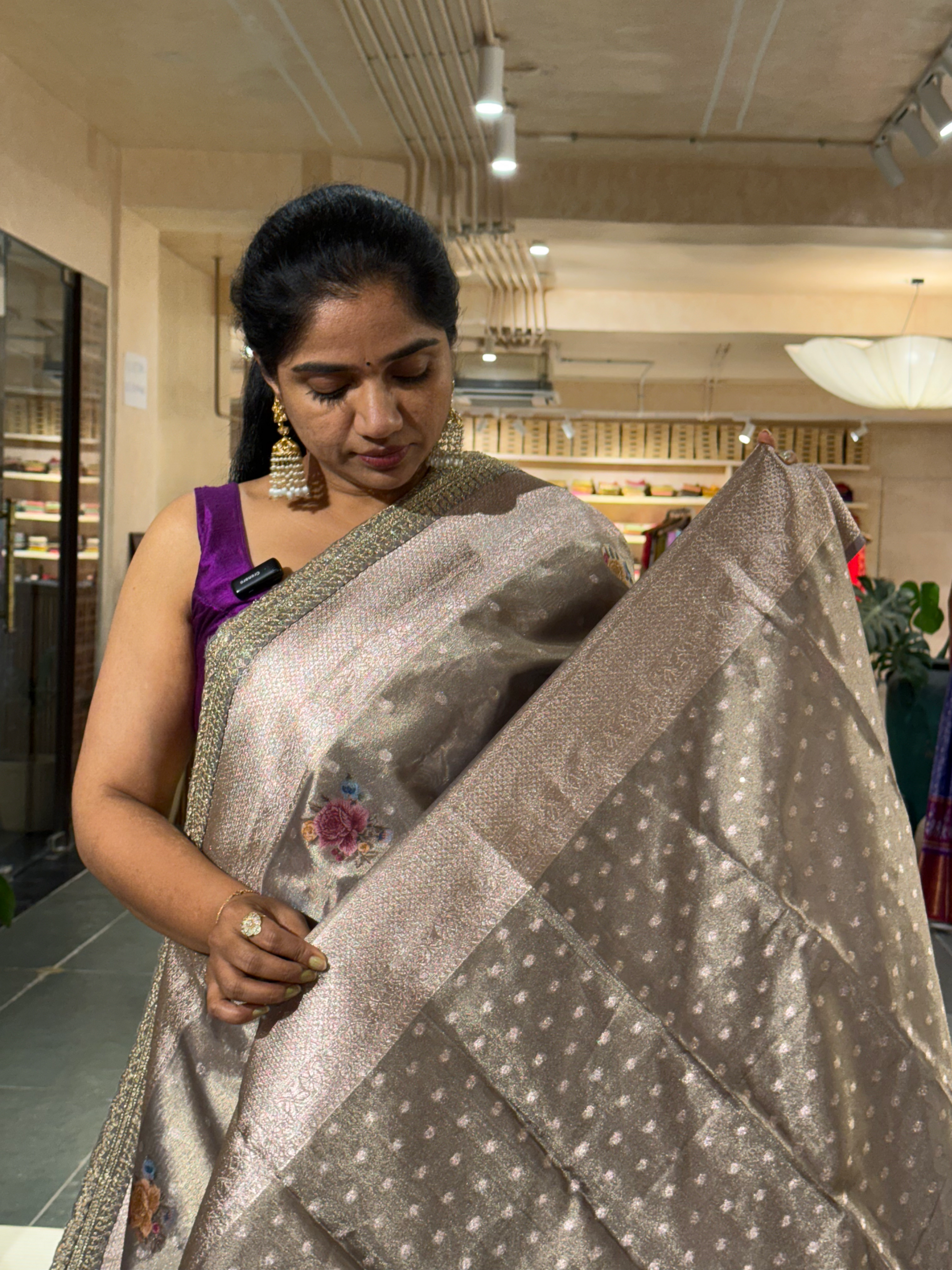 Earthy Tone Floral printed tissue Saree eith sabyasachi style border and blouse