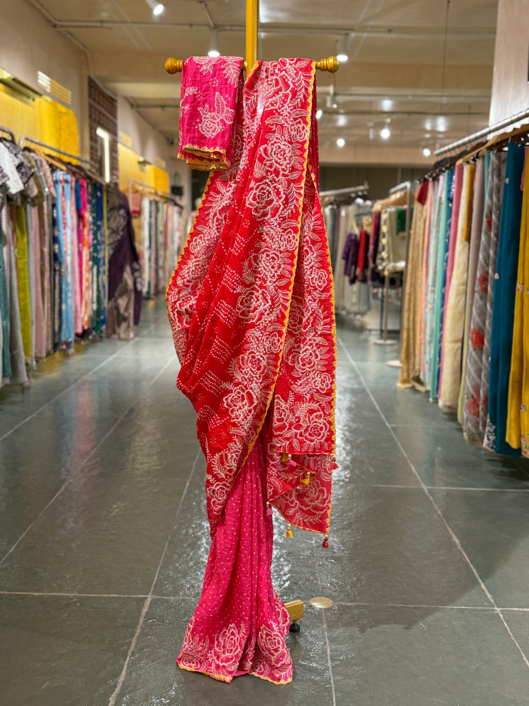 Orange and pink combo half and half style Gajji Silk  Rai Bandhej Saree