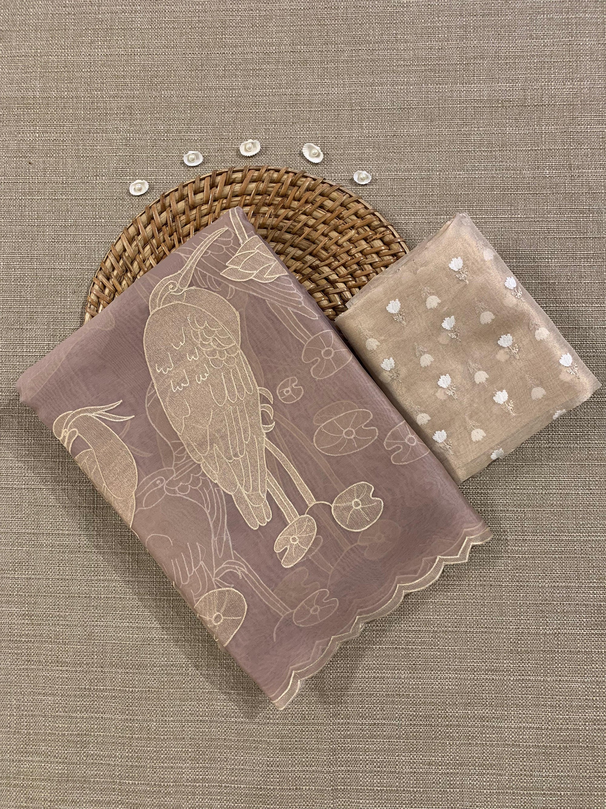 Mauve  Pure Organza Designer Saree with Allover Tissue Applique Embroidery