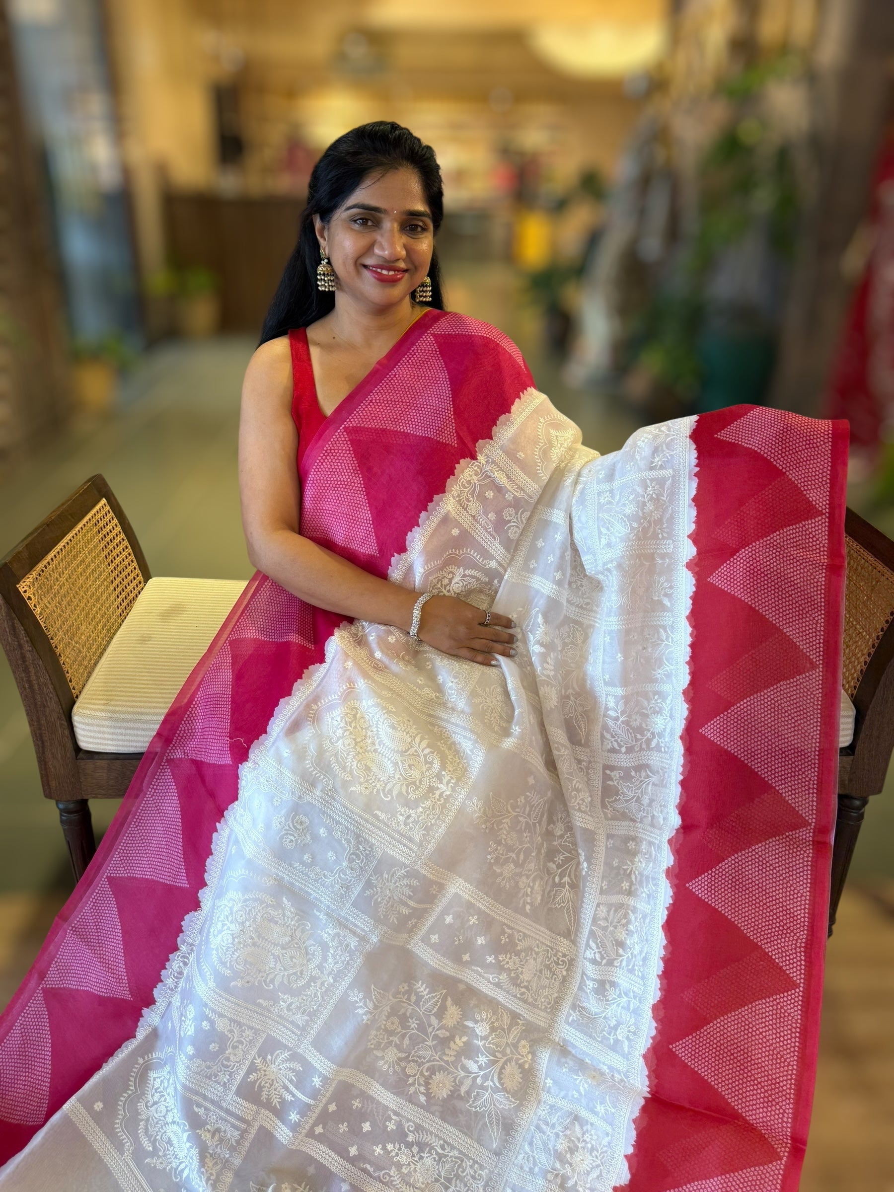 Organza Chikankari Embroidery Saree With Ganga Jamuna Bandhini Temple Borders