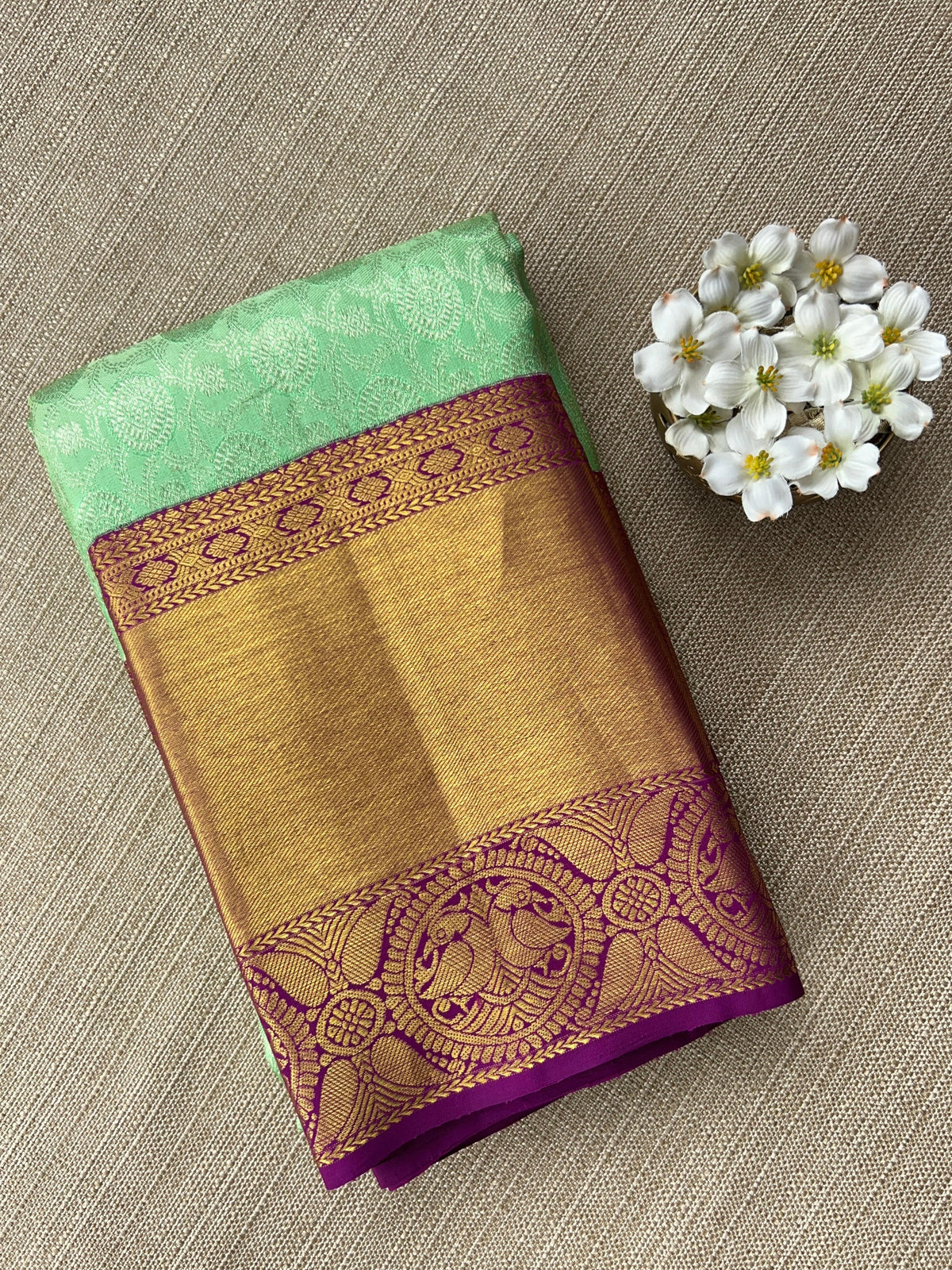 Mint Green Kanchi Pattu Brocade Saree with Rich Purple Zari Border & Pallu