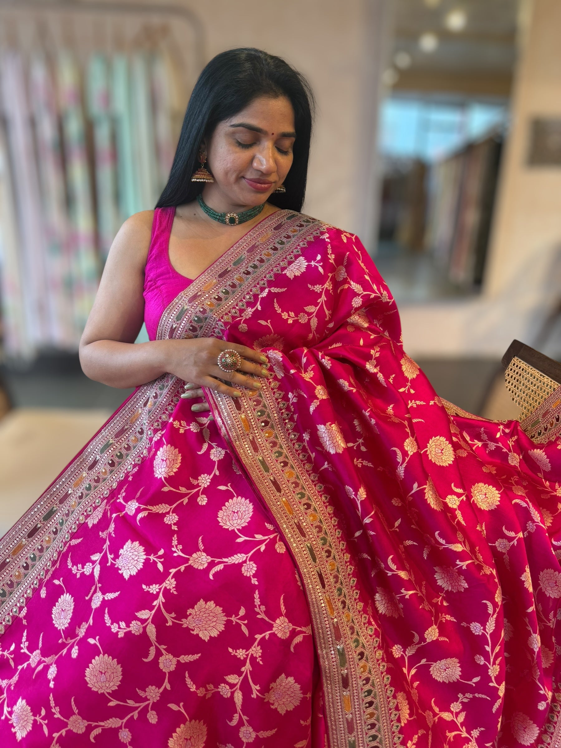 Rani Pink Banarasi Silk Saree With allover jaal design and Sabhyasachi Borders