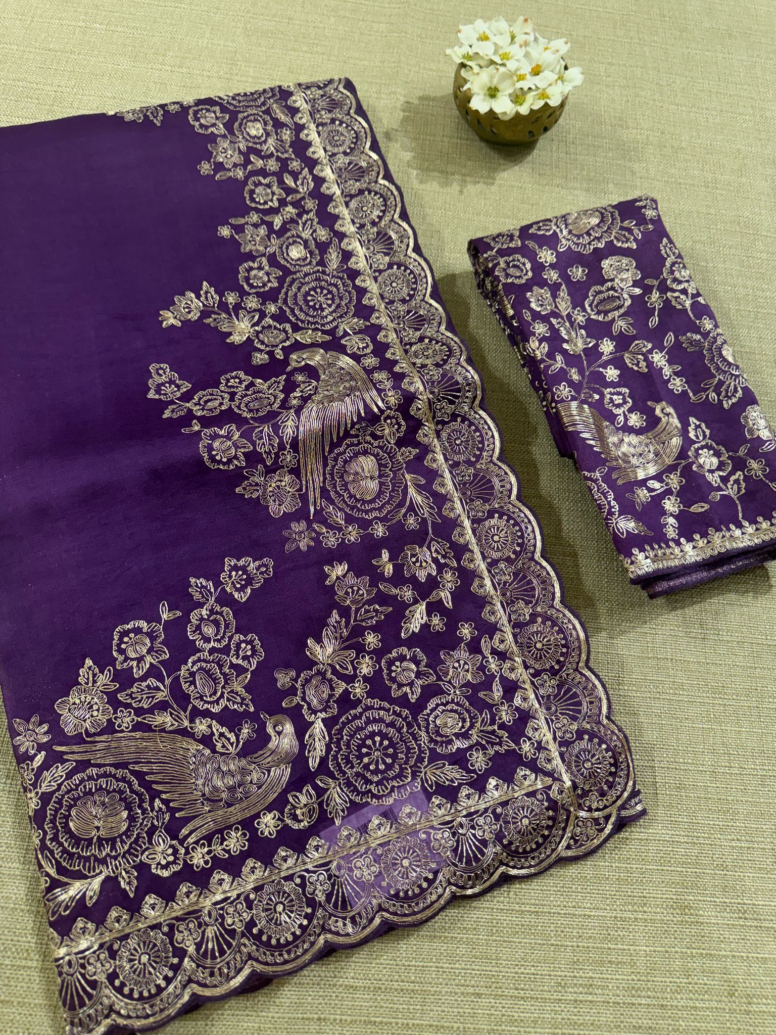 Purple Pure organza Saree with pita emb