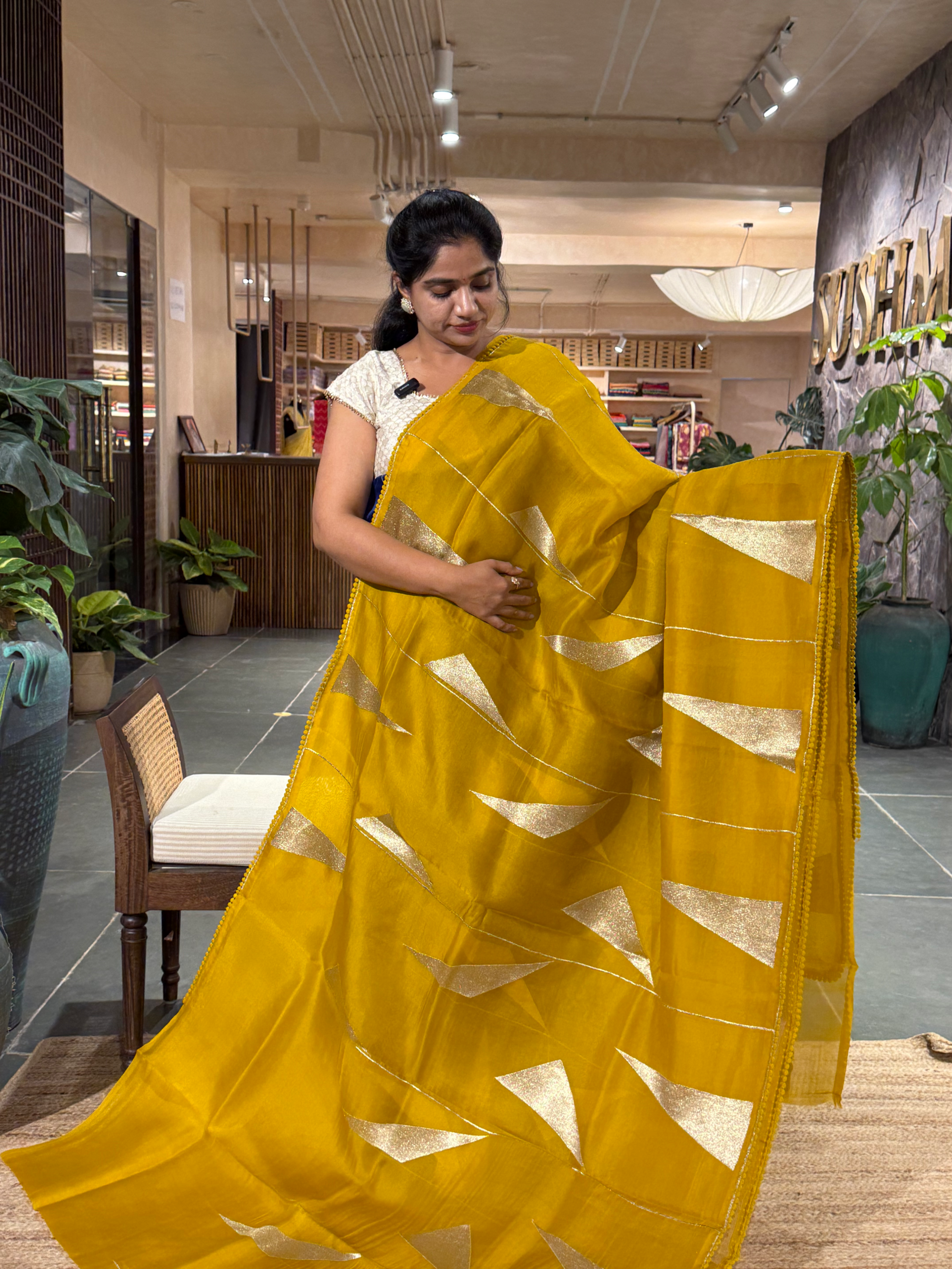 SOCA103 Mustard Pure Organza Silk Saree in contemporary style
