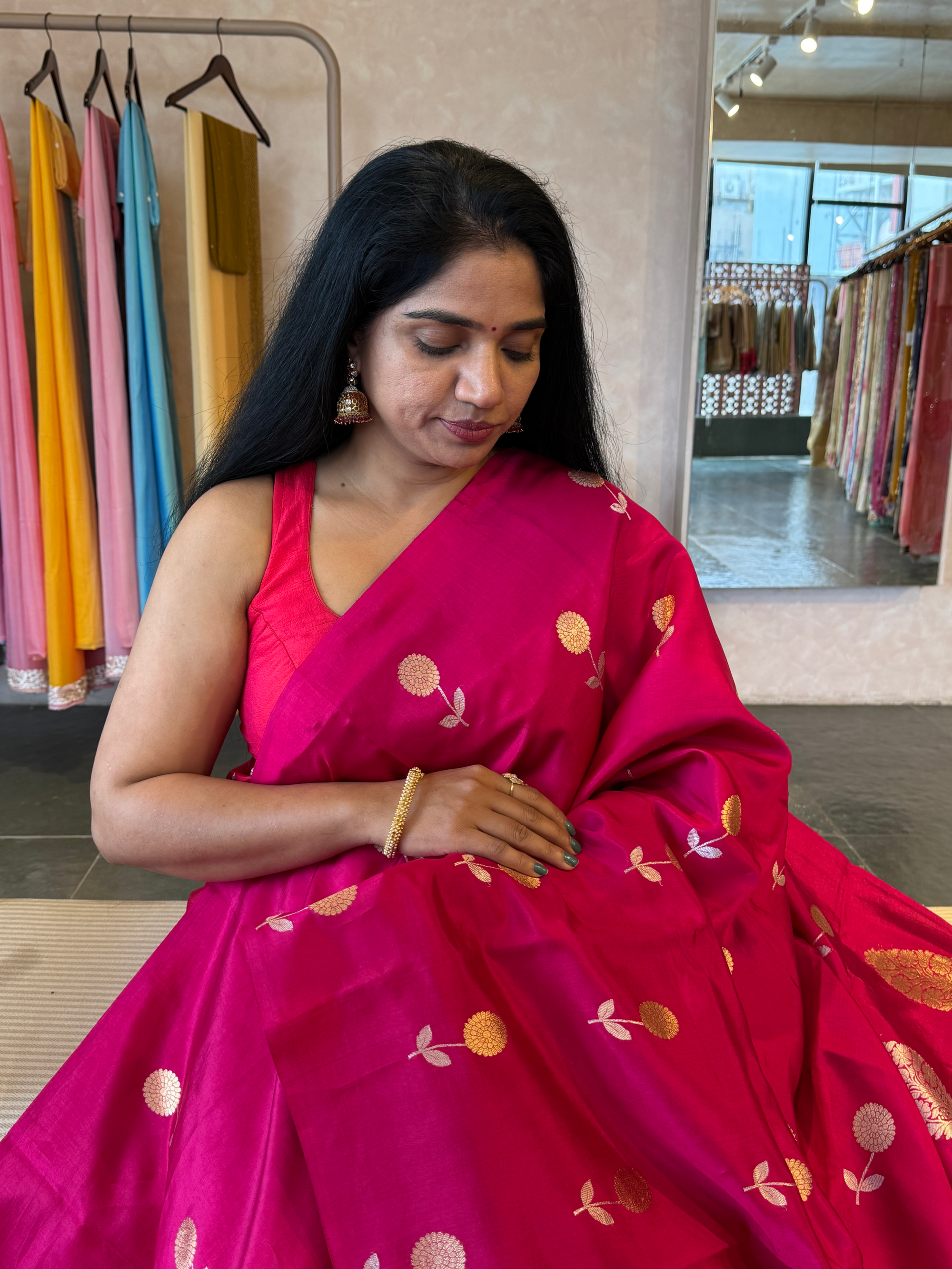 Rani Pink Banarasi Raw Mango Silk Saree with Open Borders & Kaduwa Woven Motifs
