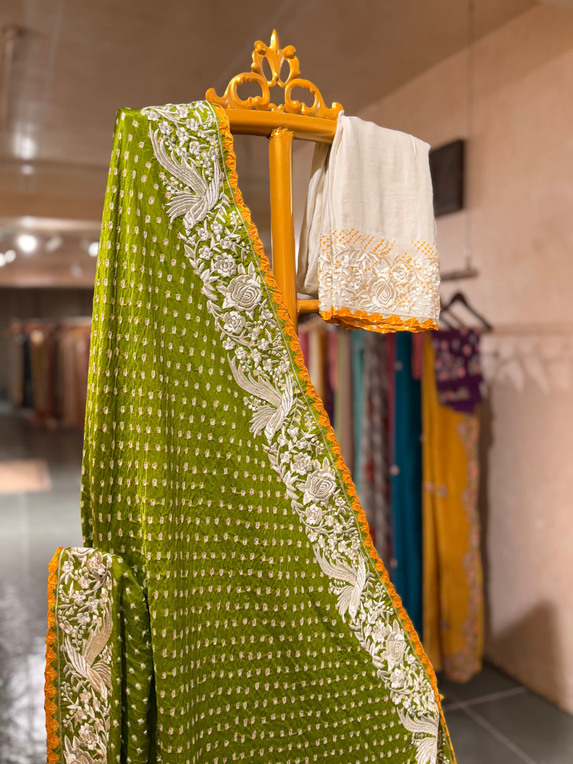 Moong Dal Green Pure Gajji Silk Kutch Bandhej Saree with Parsi Gara Embroidery