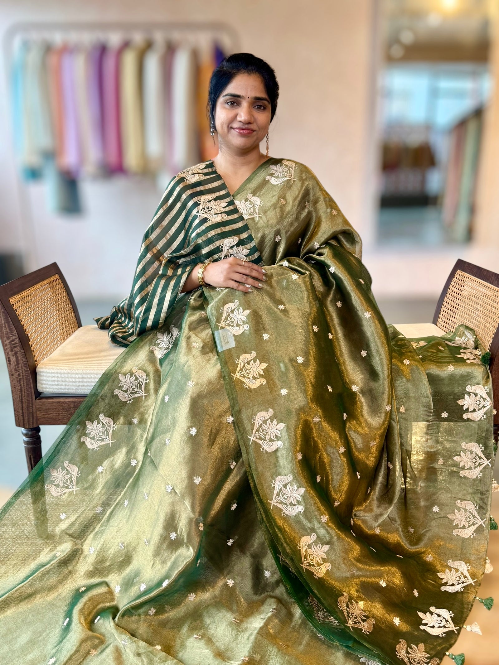 Green Handloom Tissue Saree wth bird Embroidered Border & Stripes Tissue BP