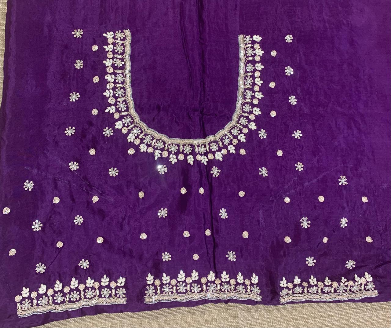 Purple Satin Gorgette Saree with Handwork border & blouse and allover zari butis