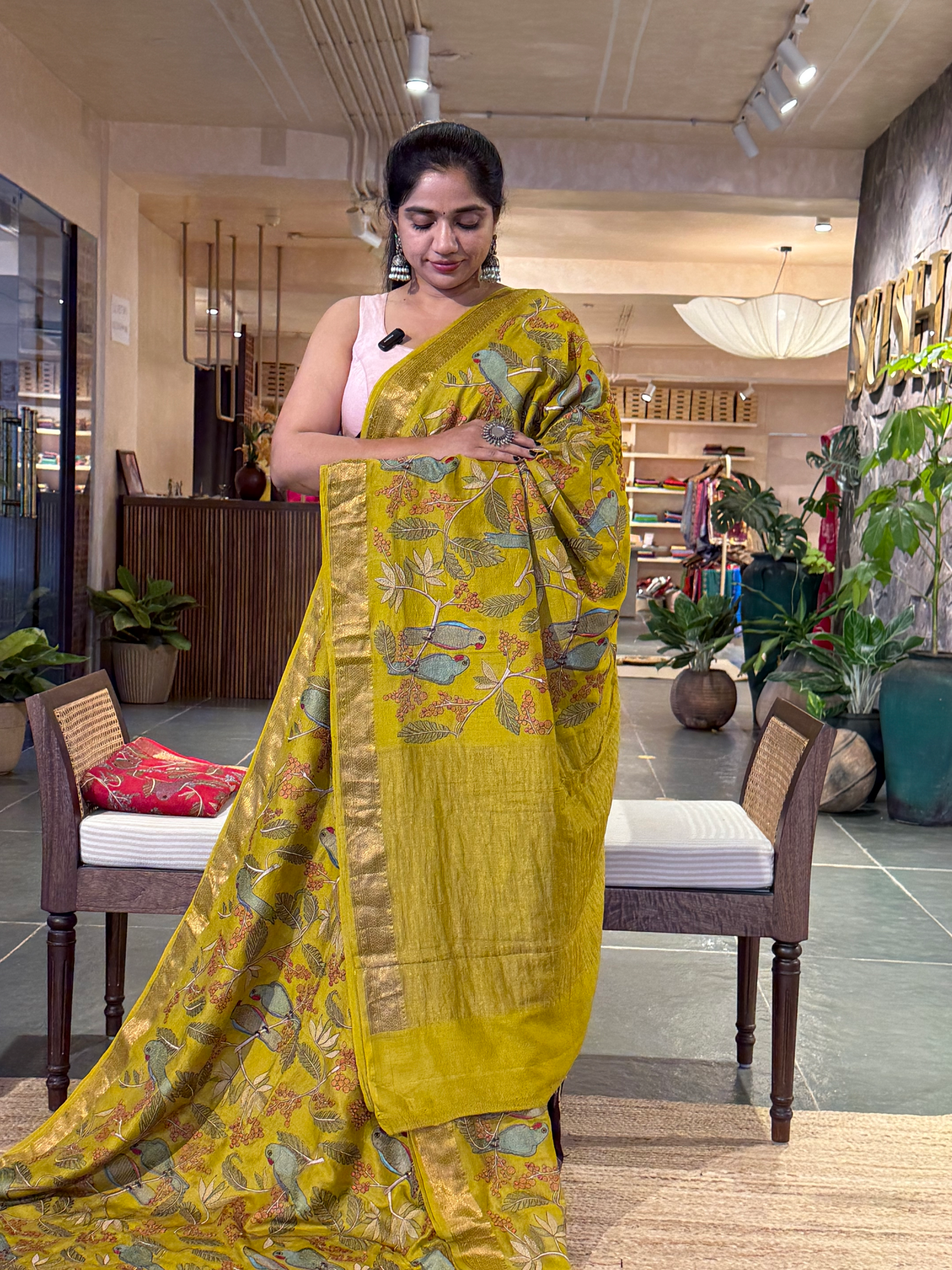 SMSEA114 Lemon Yellow Pure Handloom Munga Silk Saree with allover  Embroidery
