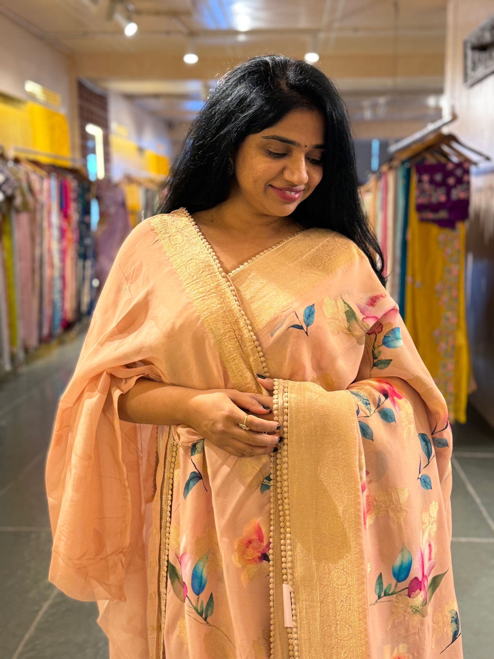 Peach Banarasi Khaddi Gorgette Sarees with Floral Print