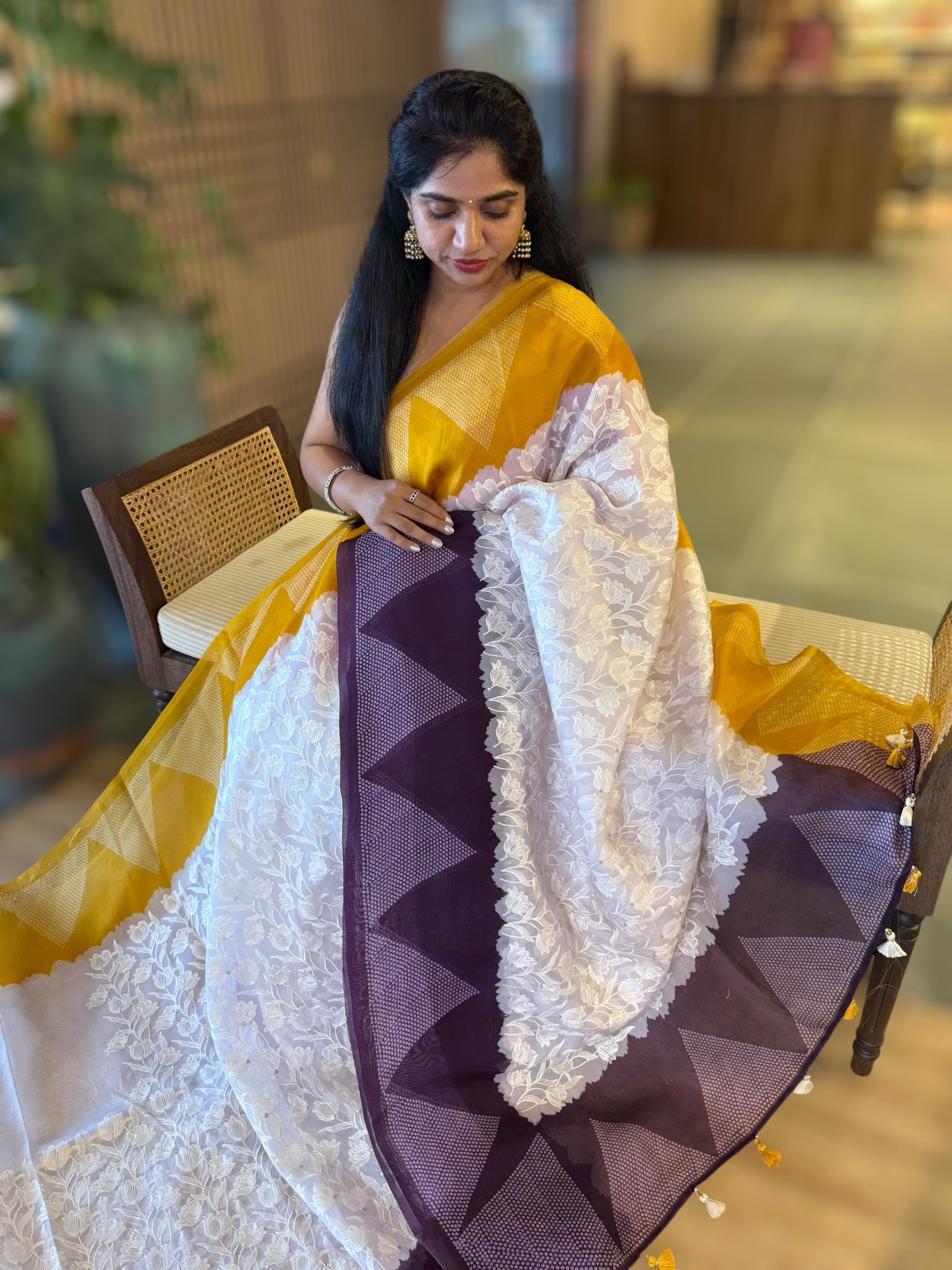 Organza Chikankari Embroidery Saree With Ganga Jamuna Bandhini Temple Borders