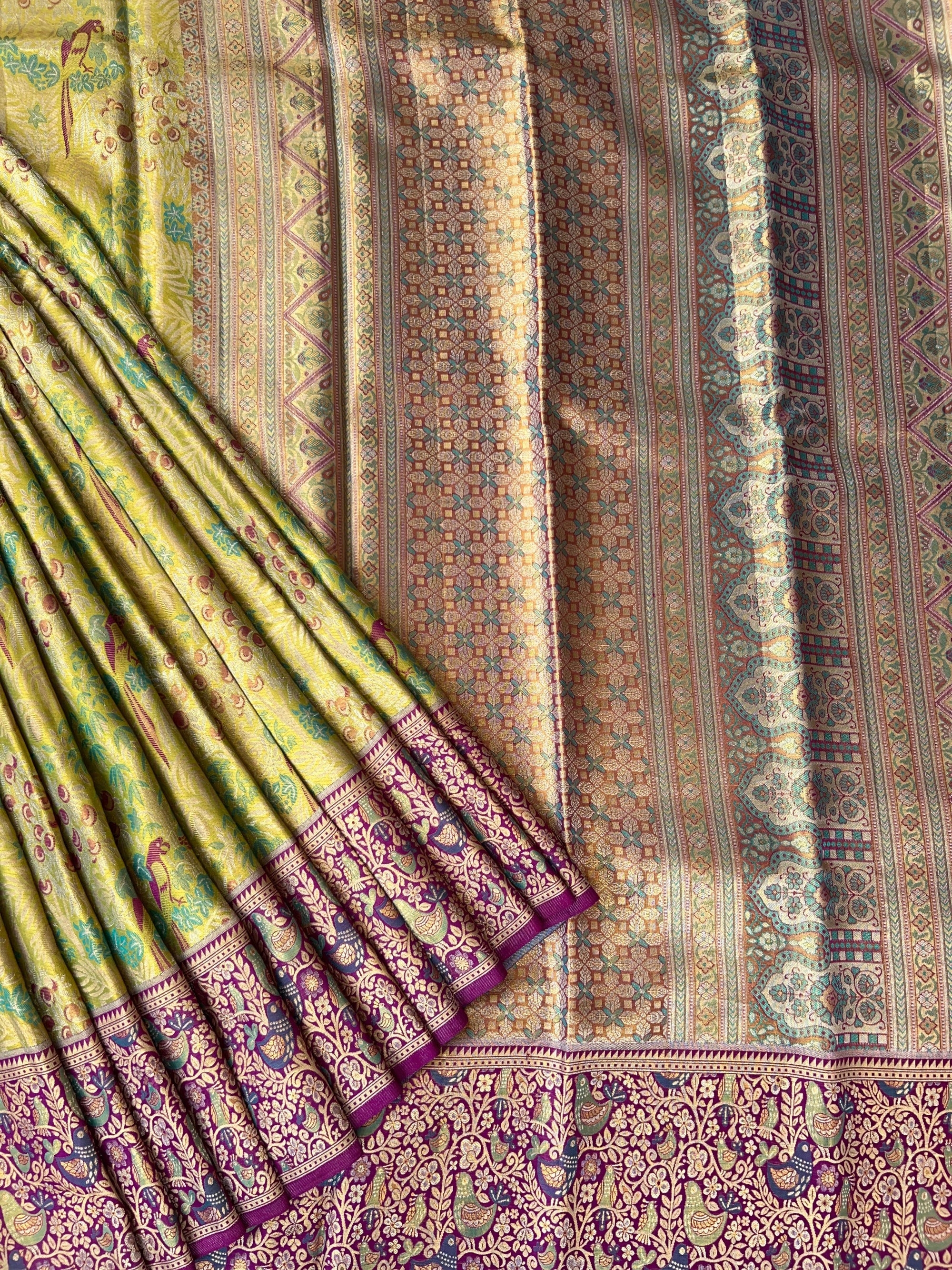 Lime Green Tissue Kanchi Pattu Saree with Meenakari Parrot Motifs