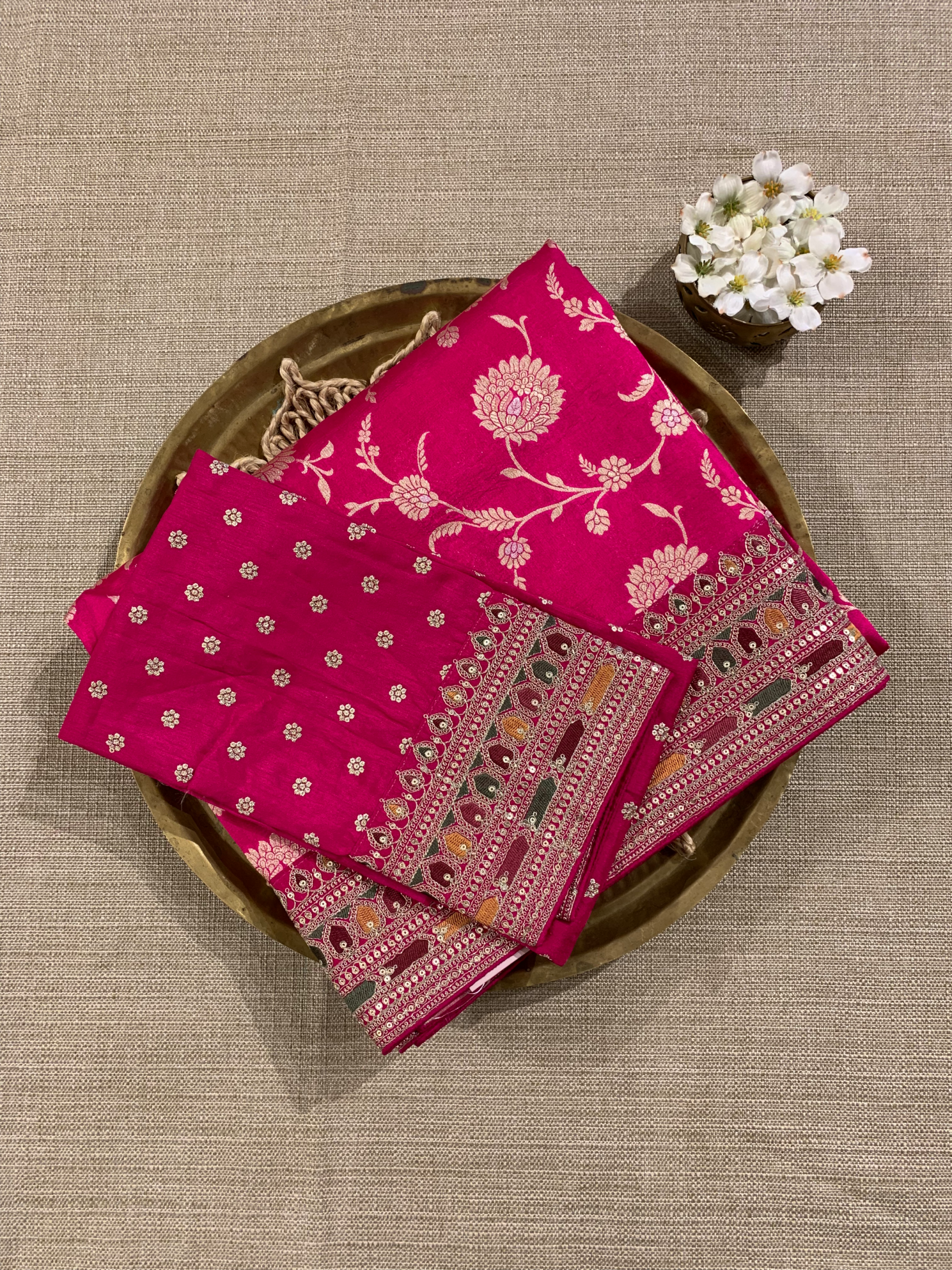 Fushcia Pink Pure Handloom Banarasi Silk Saree With Sabhyasachi Borders & Blouse