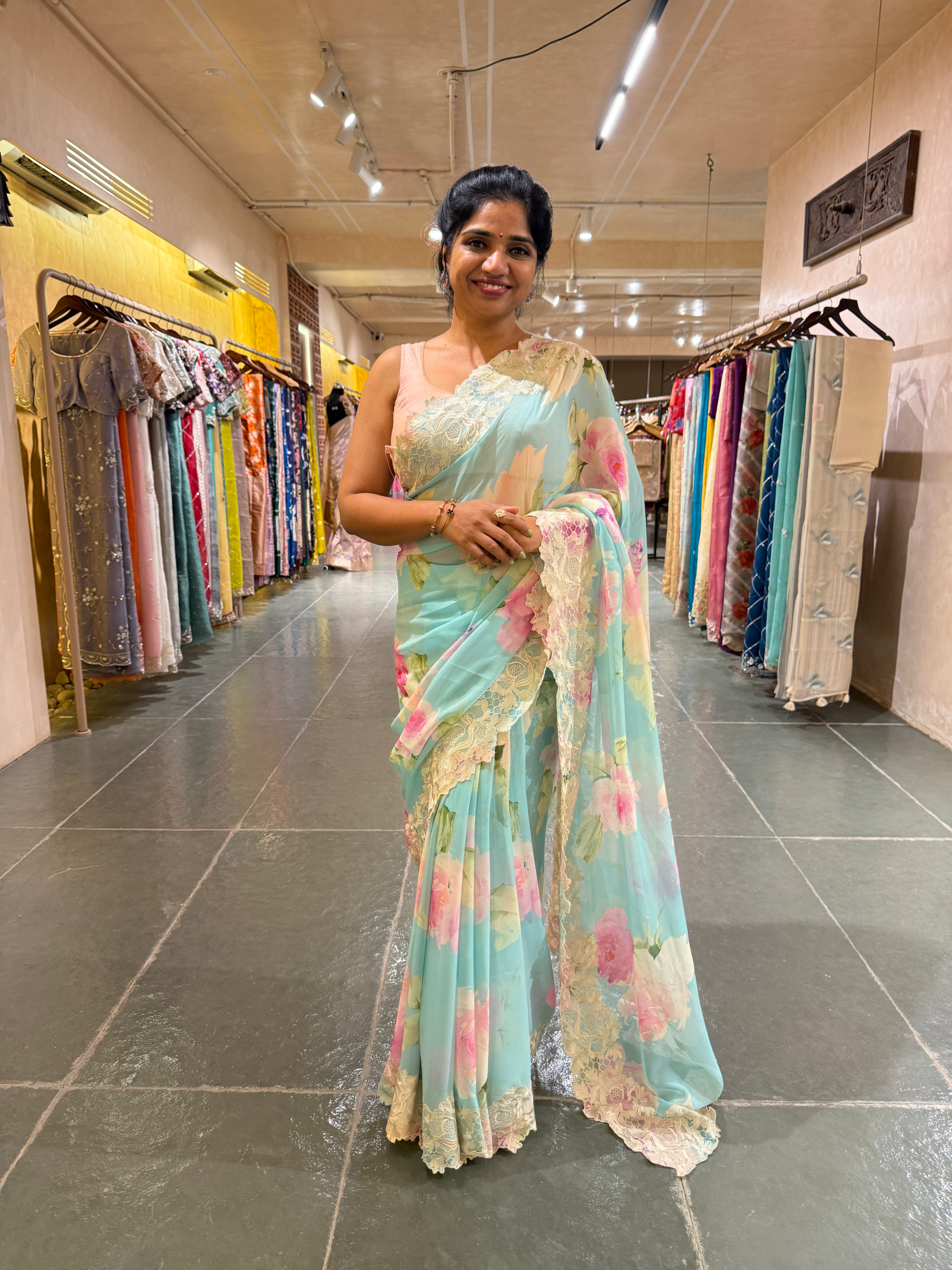 Gorgette Printed Saree With Cutwork Lace Border