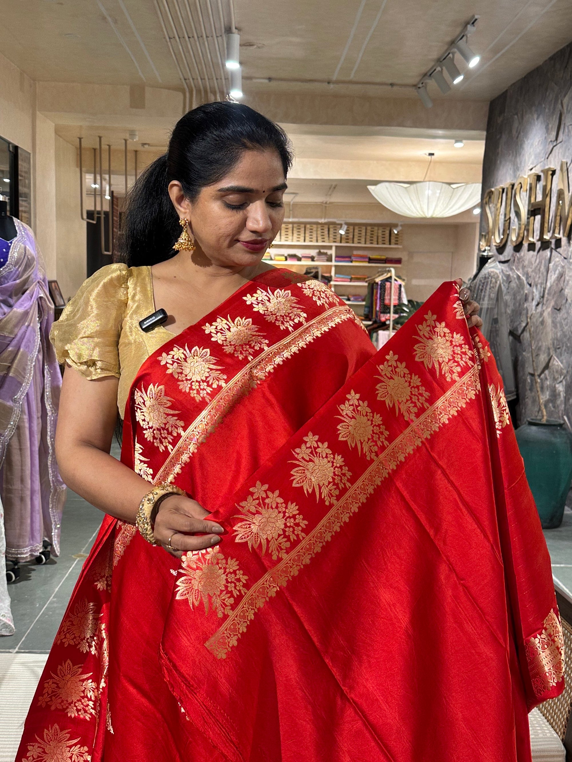 Orangish Red Pure Banarasi Handloom Mashru Silk Saree