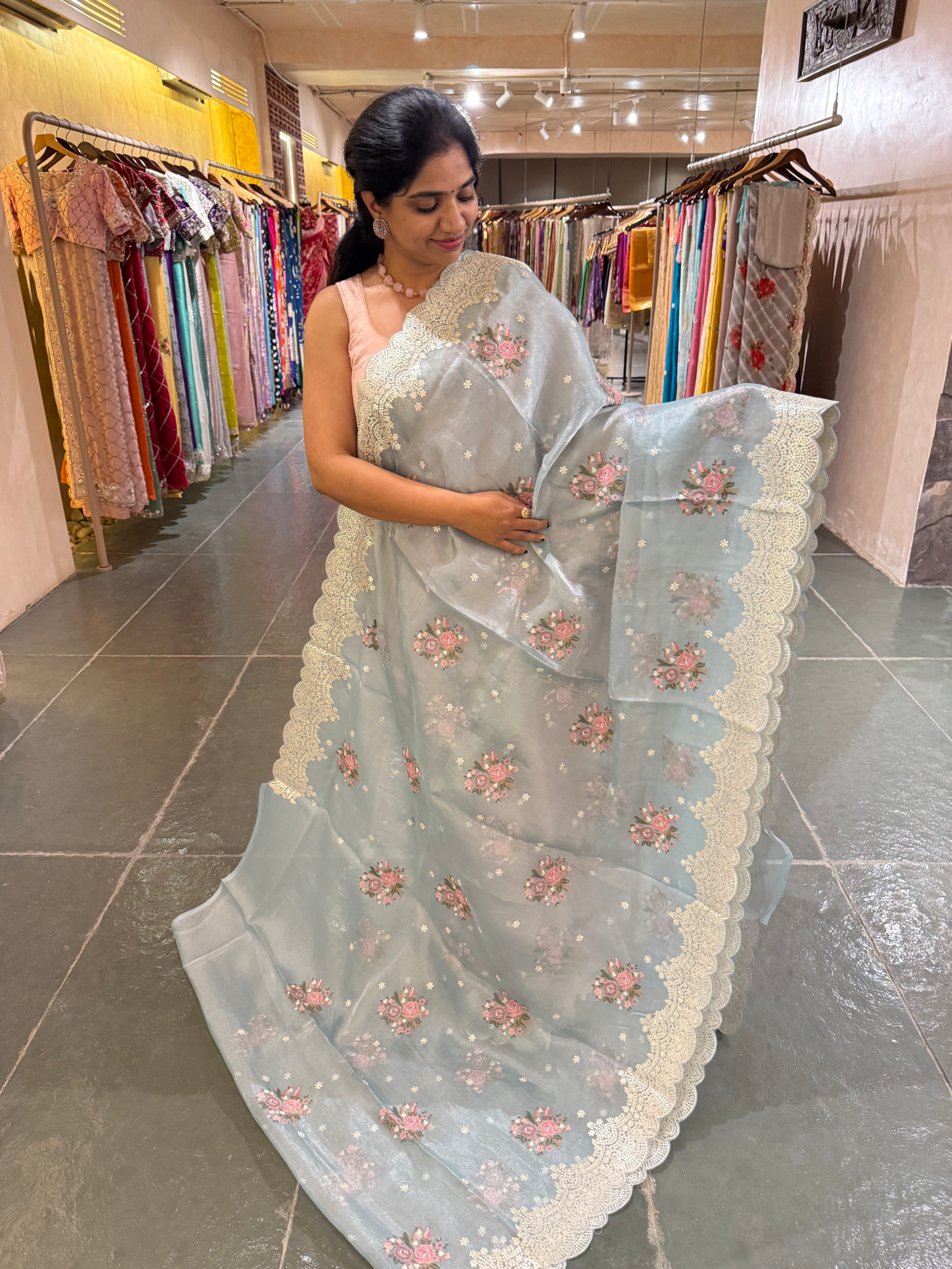 Blue Tissue Saree With allover Petite Point Motifs & Pittai Sequnce Borders