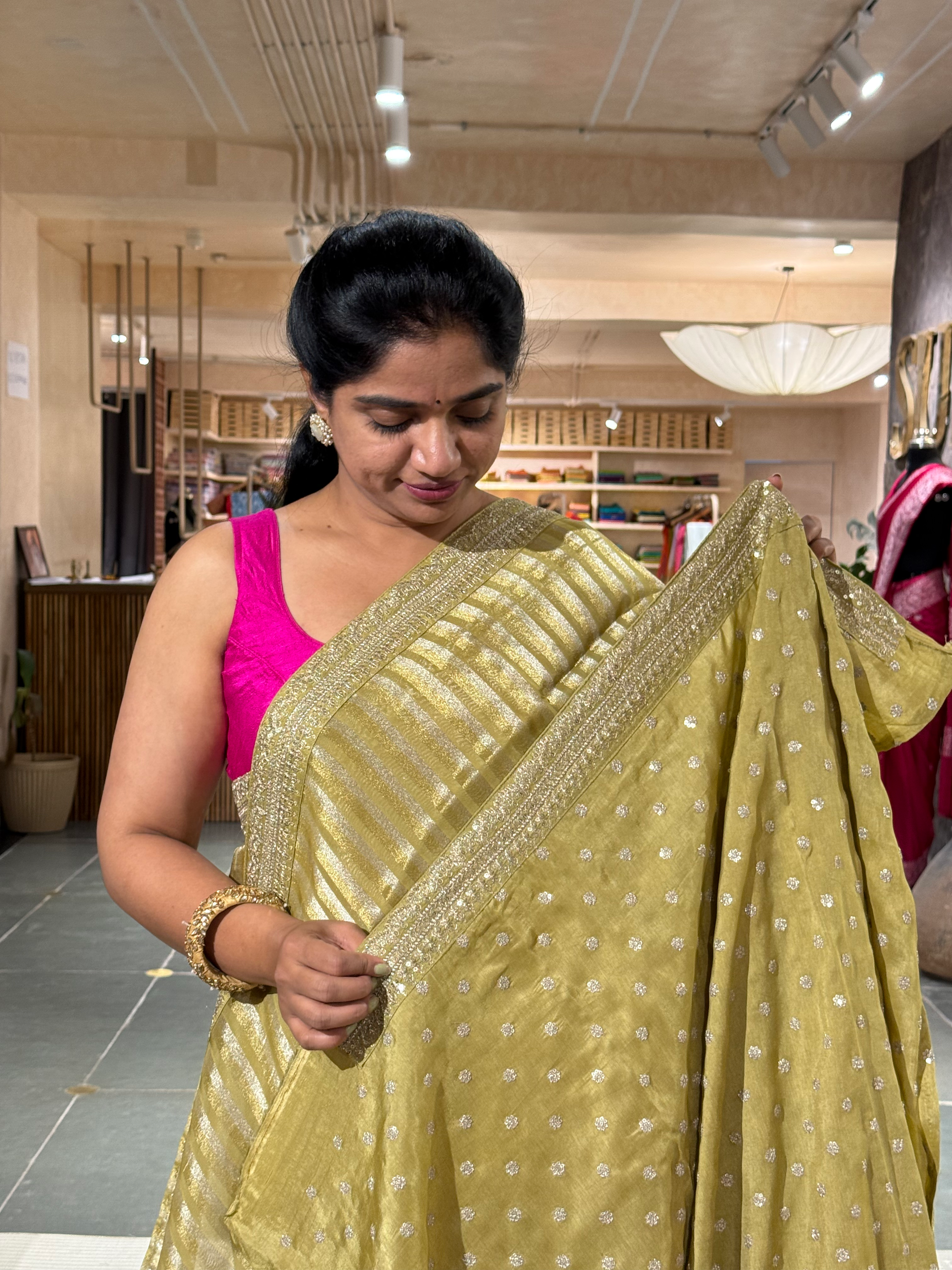SKTSA601 : Pista Kora Tissue Stripes Saree wth Sabhyasachi borders & Blouse