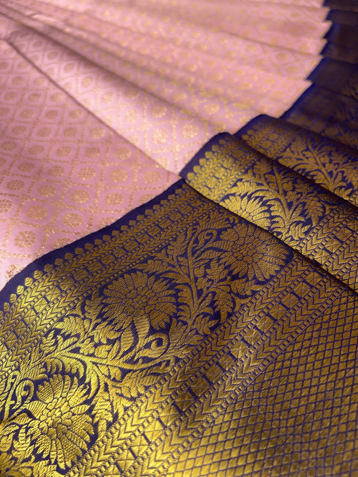 Elegant Pink Pure Kanchi Pattu Silk Saree with Midnight Blue Zari Border