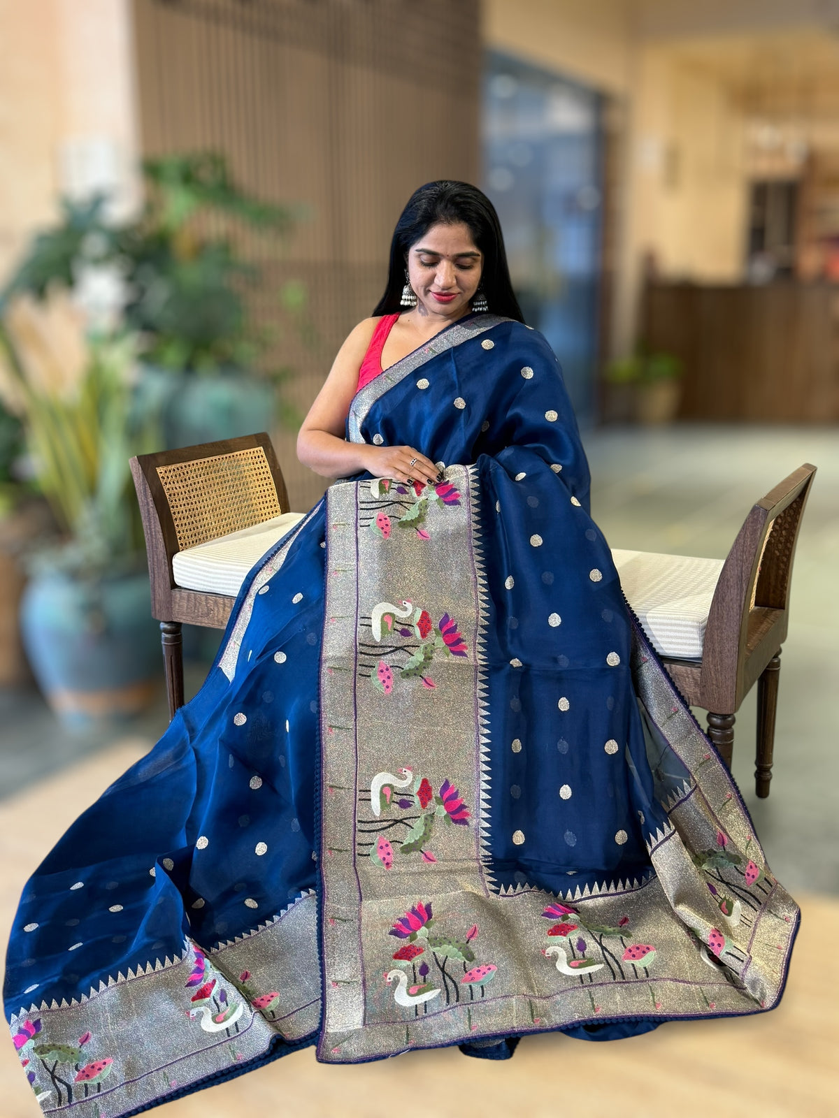 Peacock Blue Pure Organza Saree With Pythani Embroidered Border