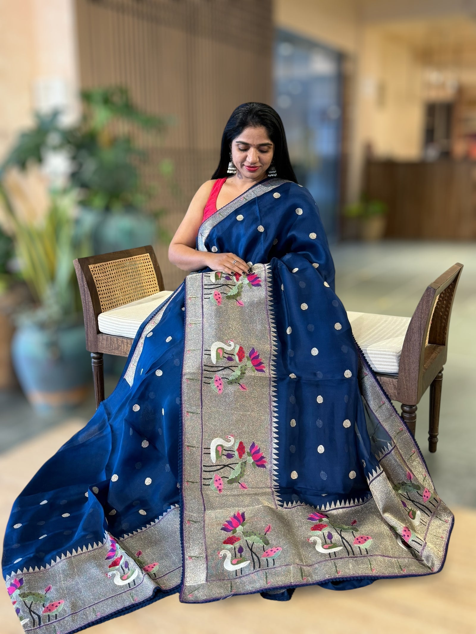 Peacock Blue Pure Organza Saree With Pythani Embroidered Border