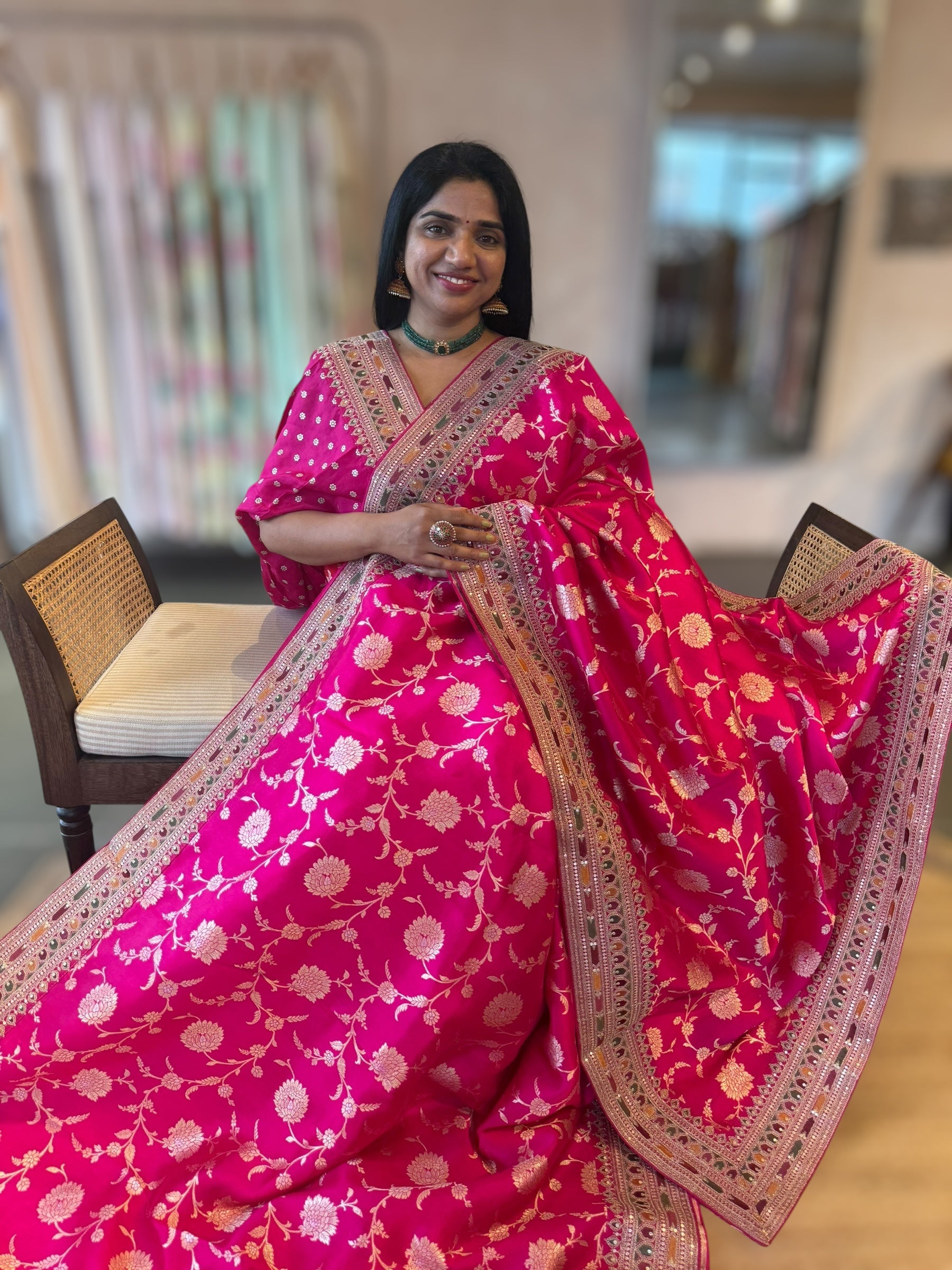 Rani Pink Banarasi Silk Saree With allover jaal design and Sabhyasachi Borders