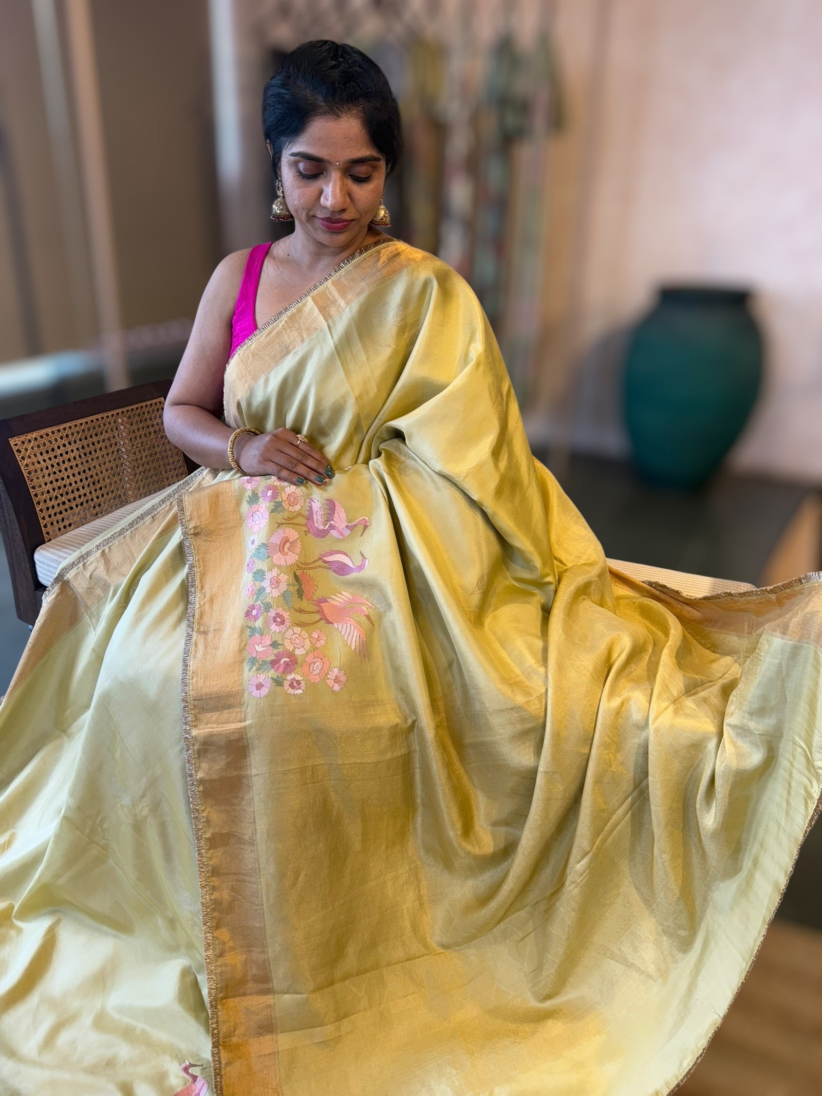 Pale Gold Green Kanchi Silk Saree in With  Parsi Gara  Embroidered Border