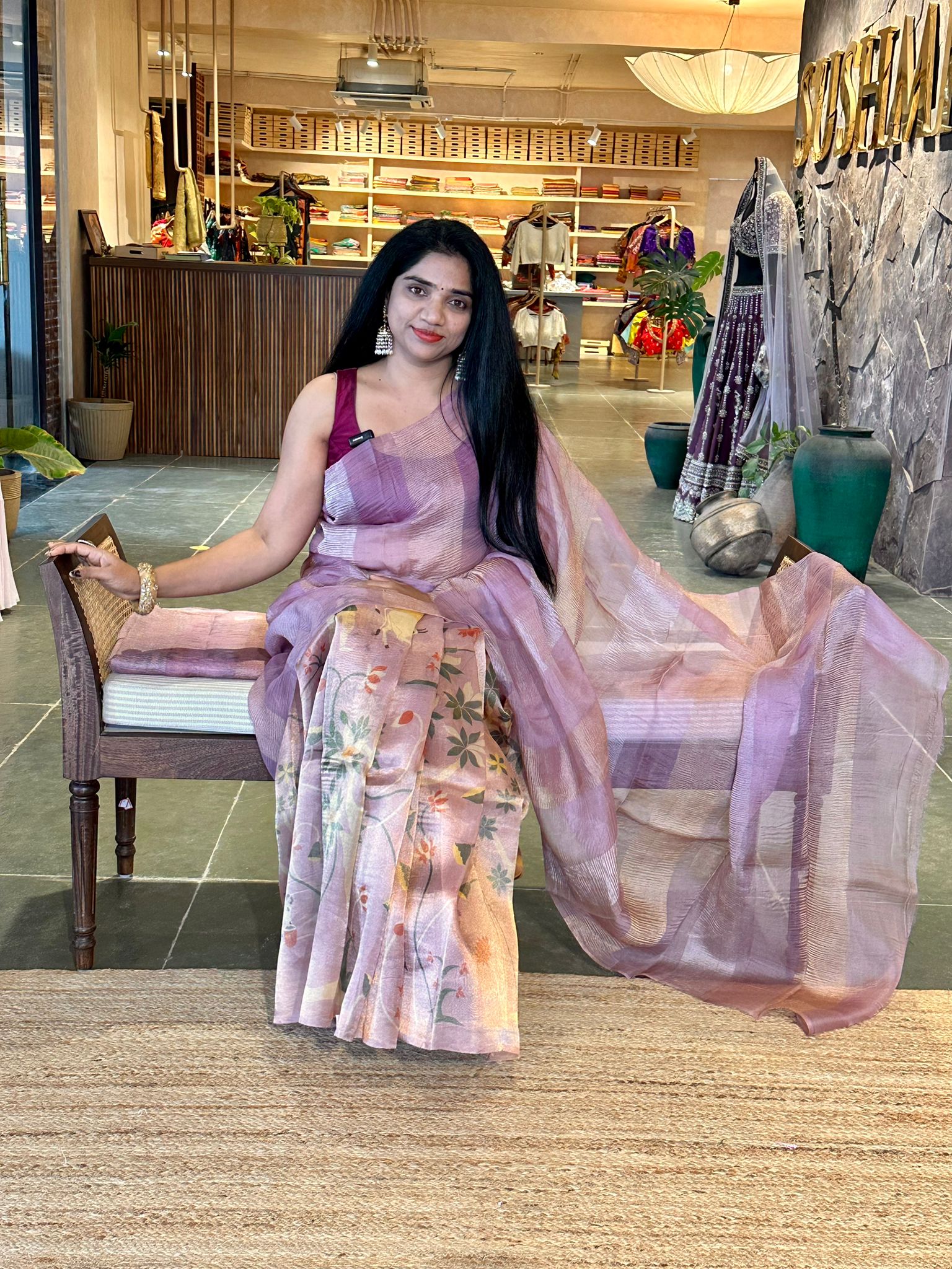 Lavenderish Pink Premium Banarasi Printed Tissue Saree in half and half style