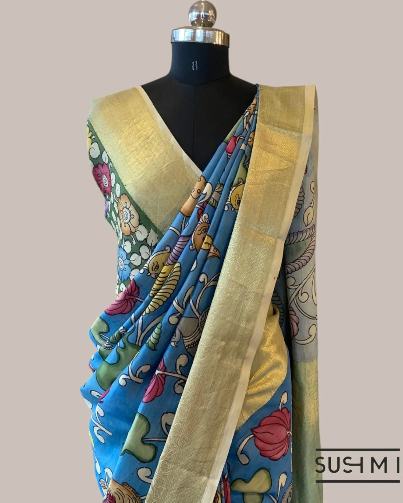 Blue Kanchi Pen kalamkari handpainted saree with heavy borders