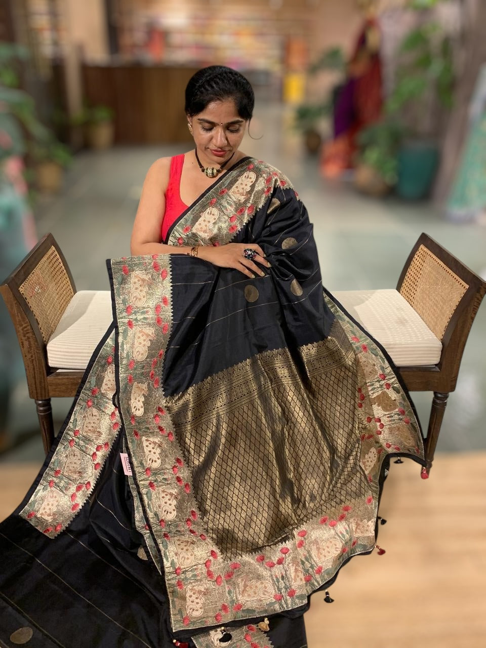 Black Kanjeevaram Silk Saree With Tissue Pichwai Embroidery Border