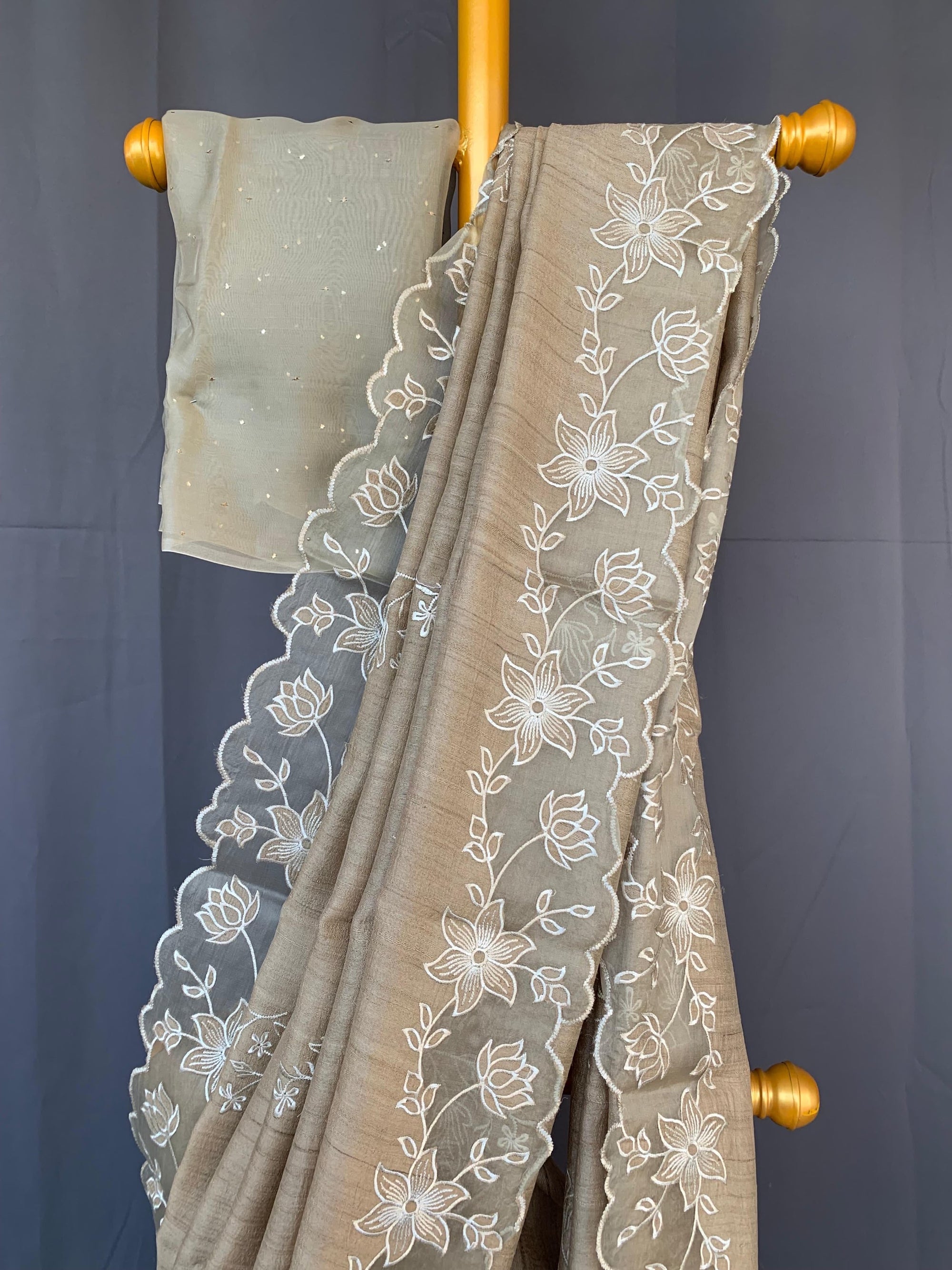 Pure handloom Tussar Designer Saree with Organza Applique Cutwork Border