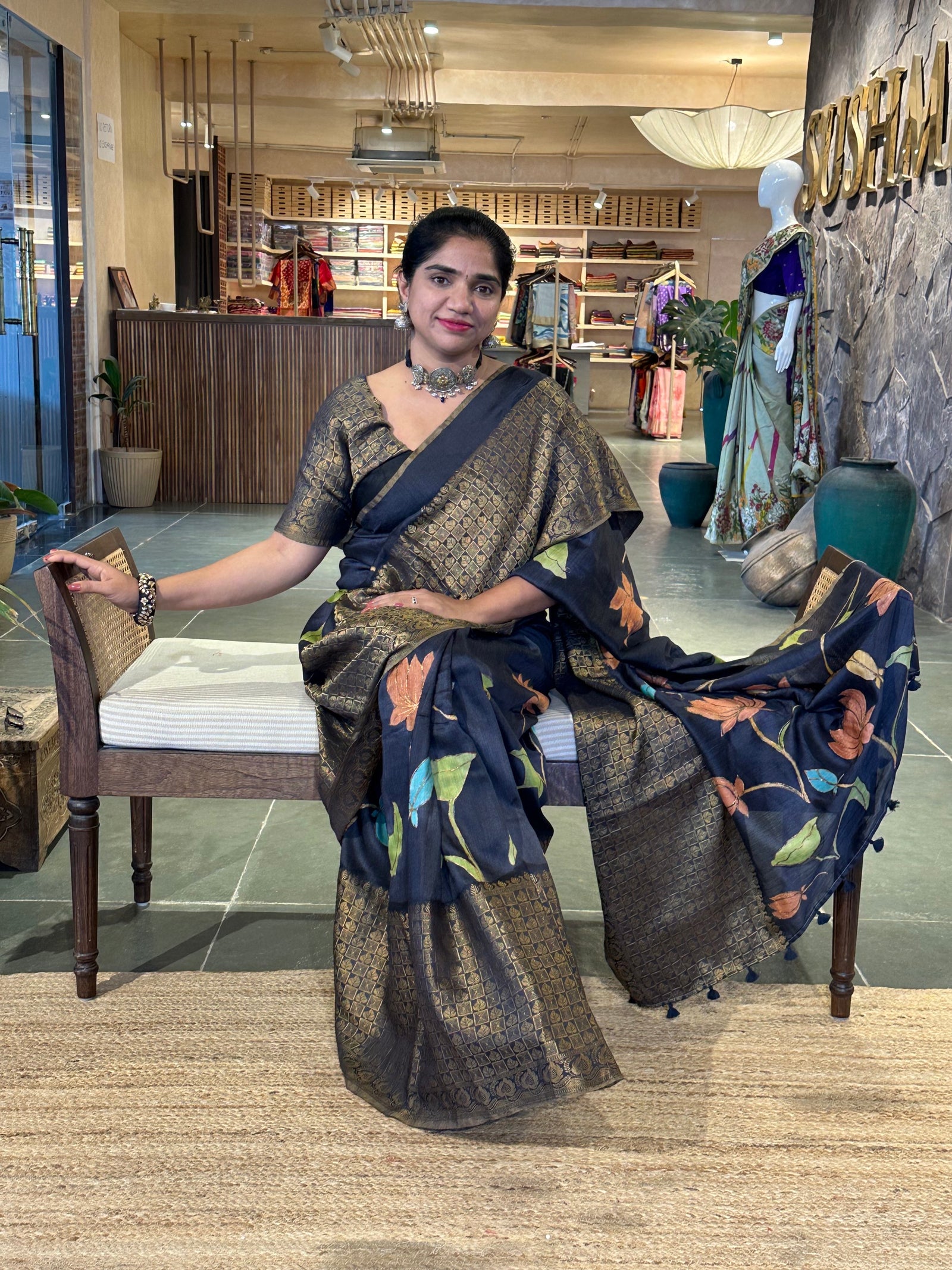 Elephant Black Pure Handloom Munga Banarasi Saree with pichwai handpainting .