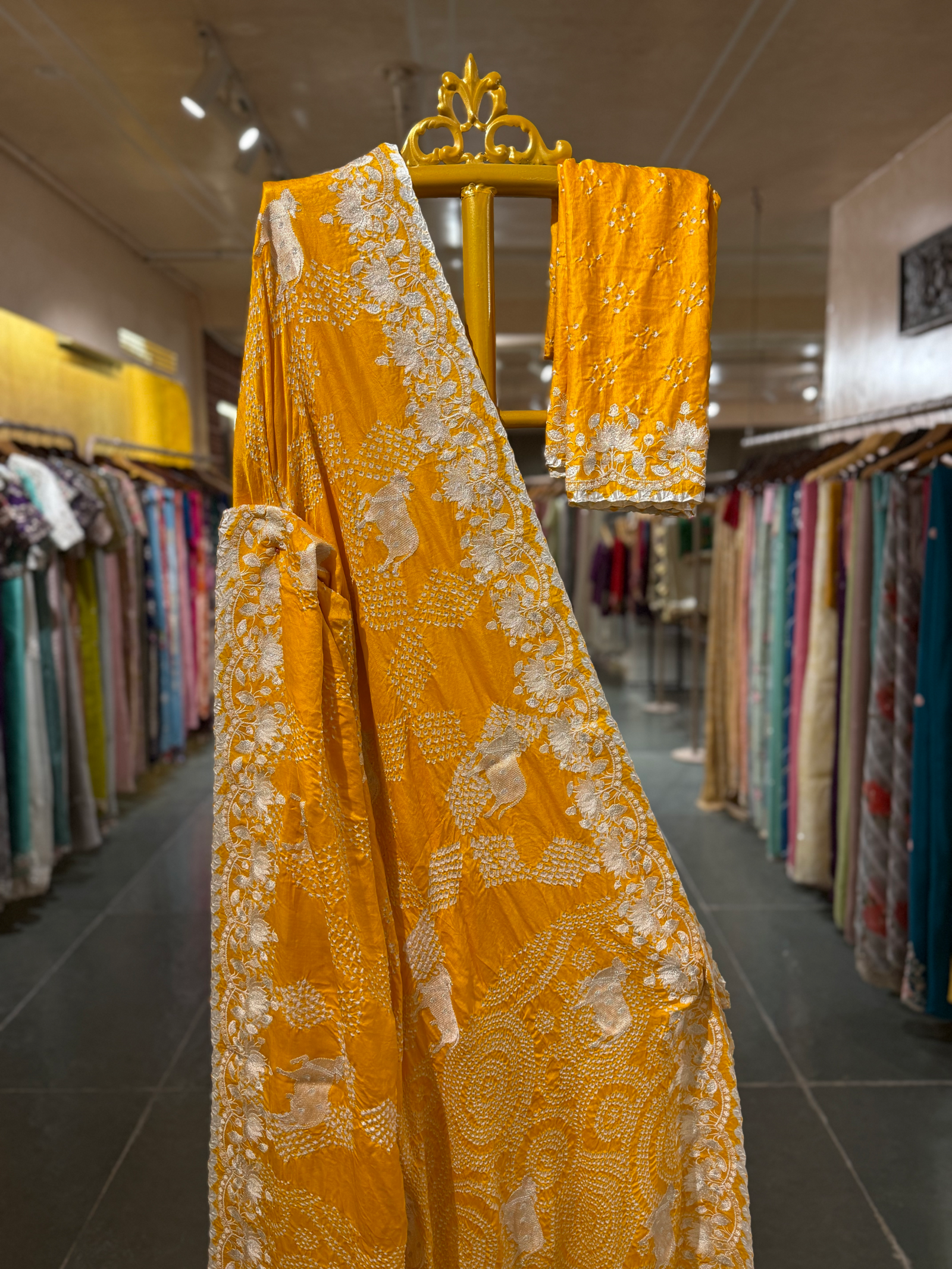 Marigold Pure Gajji Silk Rai Bandhej Saree with Pichwai Embroidery