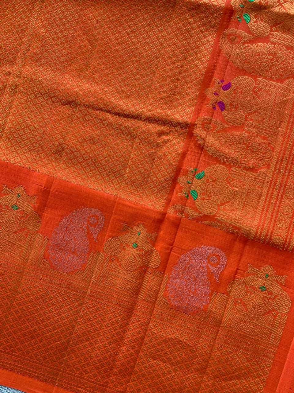 Orange  Pure Handloom Gadwal Saree Turning Borders