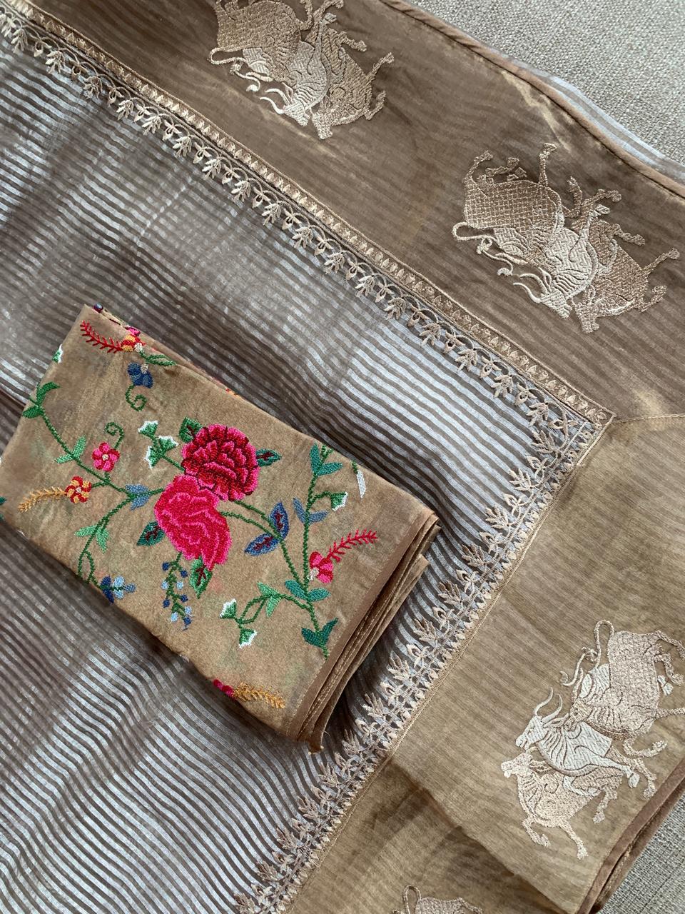 Earthy Tone Tissue Stripes Saree with Nandi Border & Tissue Petite Point Blouse