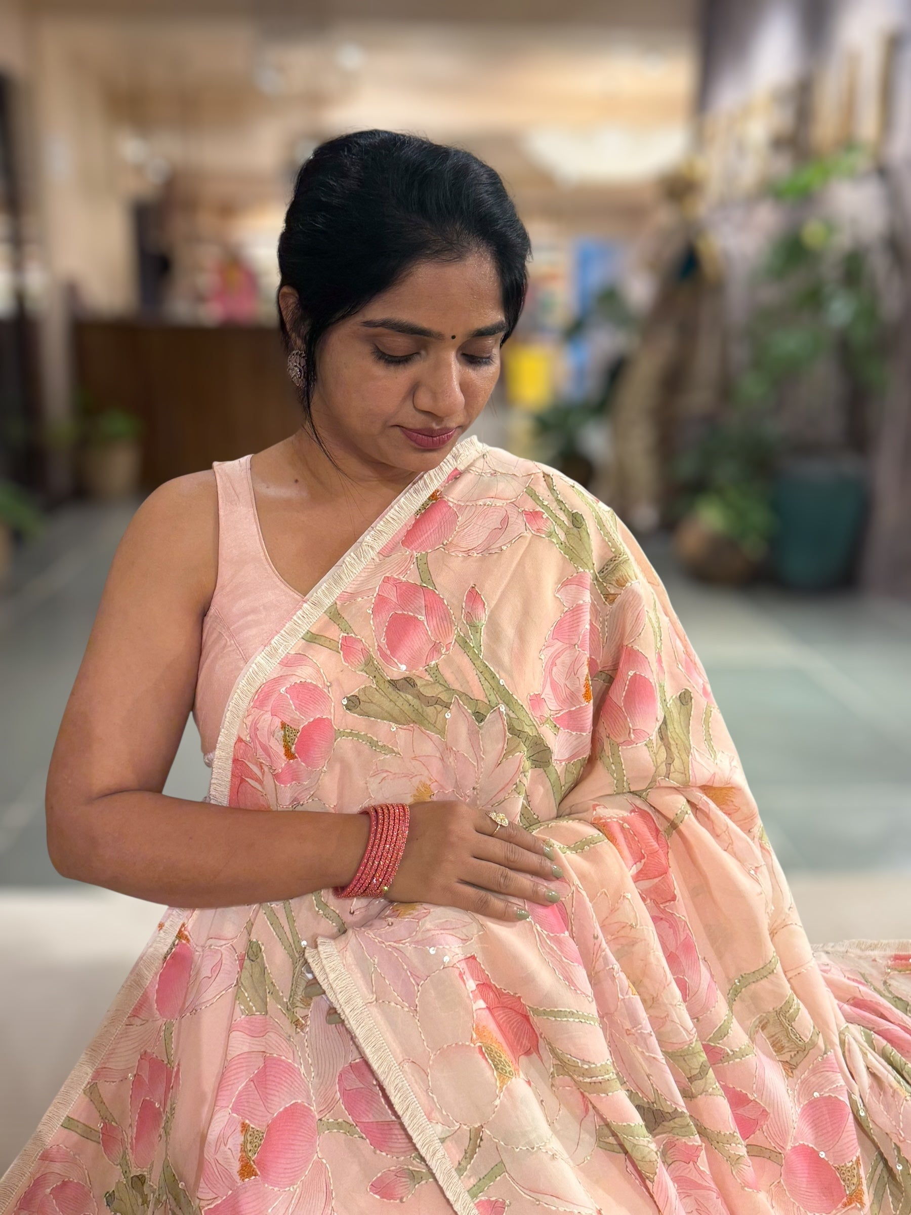 Peach Pink Pure Gorgette Printed Saree With Allover Hand Done Katha work