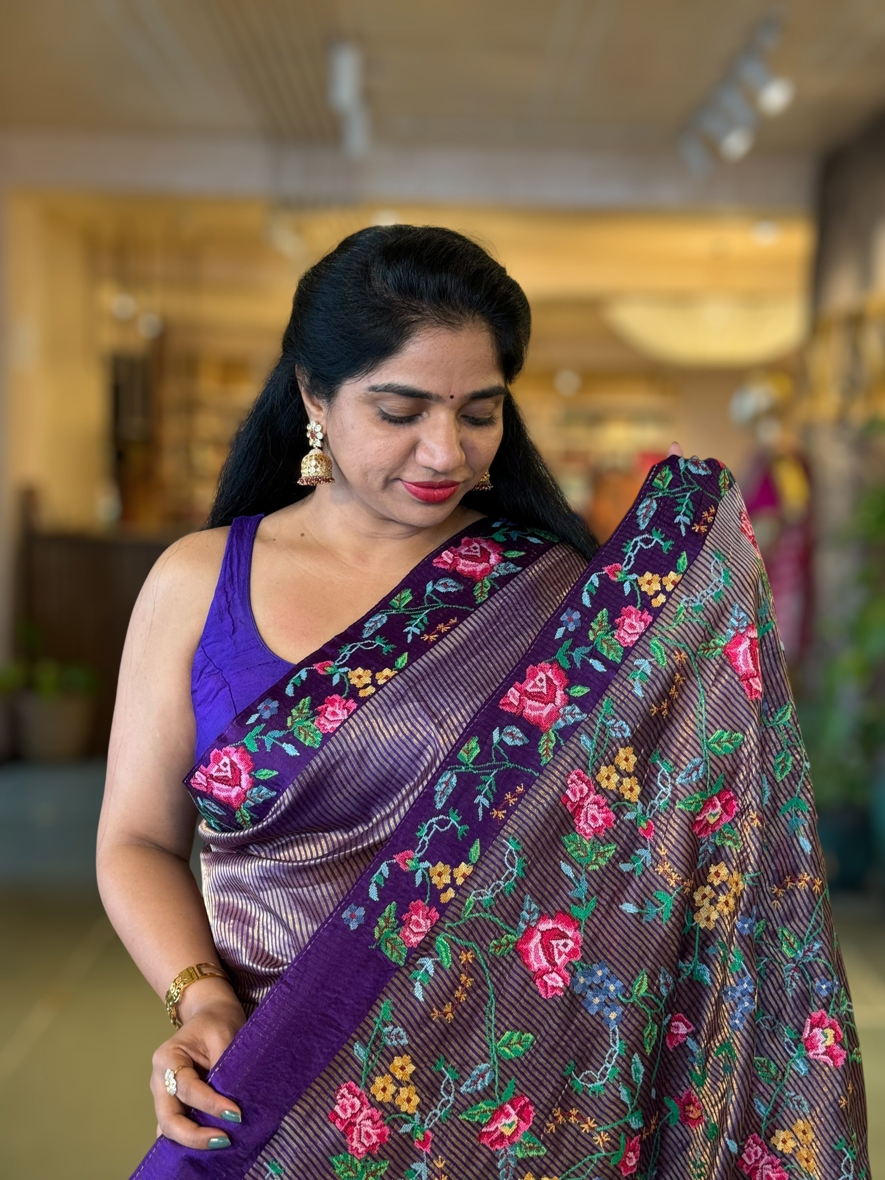 Violet Tissue Stripes Saree With  Petite Point Embroidered Border Pallu and BP