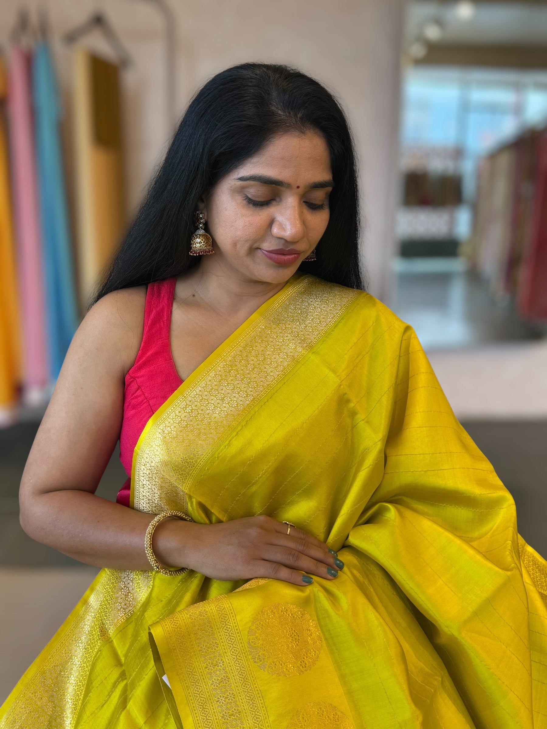 Neon Green Banarasi Raw Mango Silk Saree with Open Borders & Kaduwa Weaving