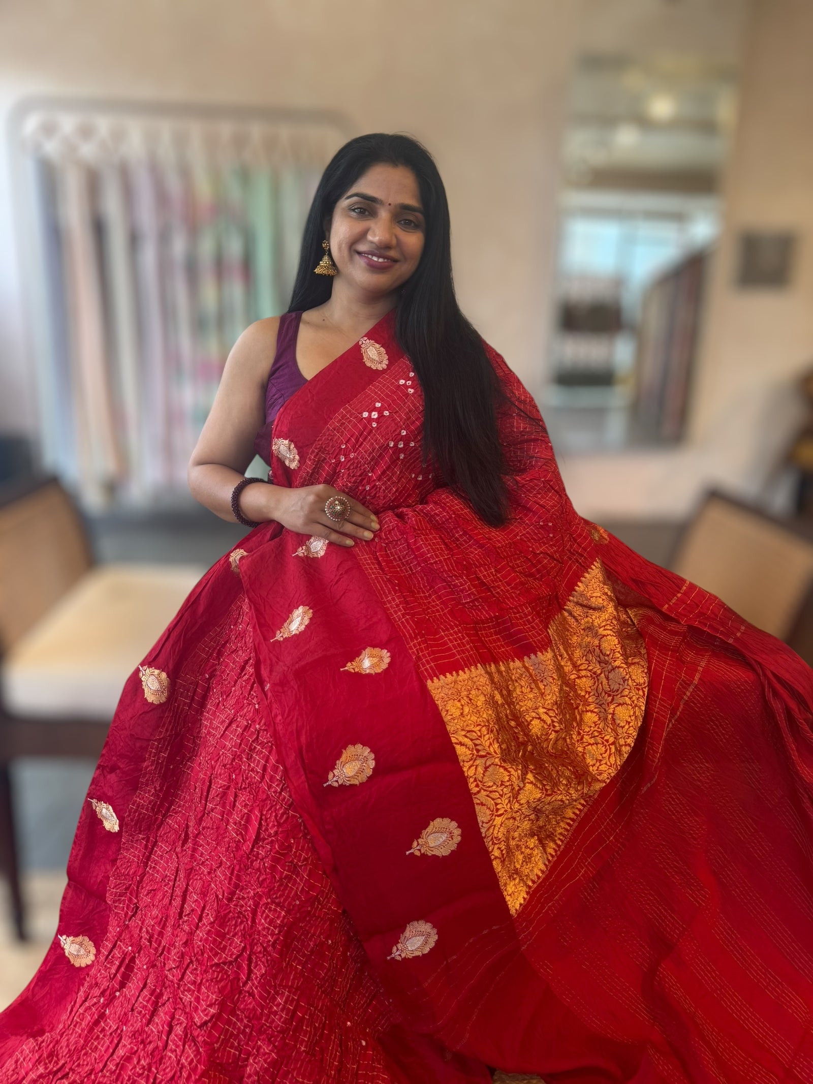 Chilli Red Banarasi Bandhej Silk Saree With Kaduwa Woven Open Mashru Borders