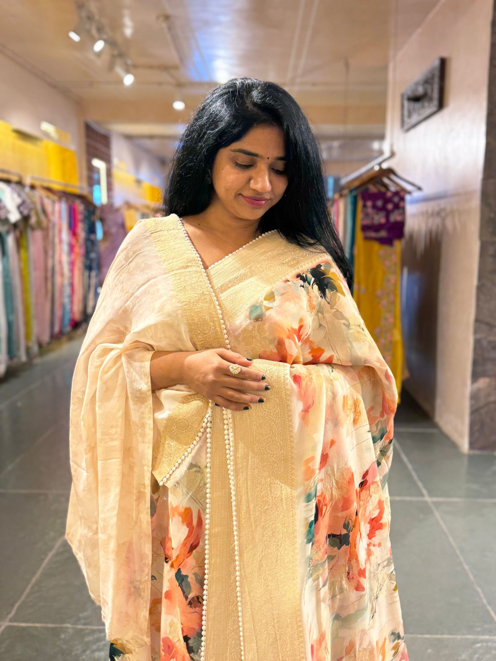 Ivory Lilac Pink Banarasi Khaddi Gorgette Sarees with Floral Print