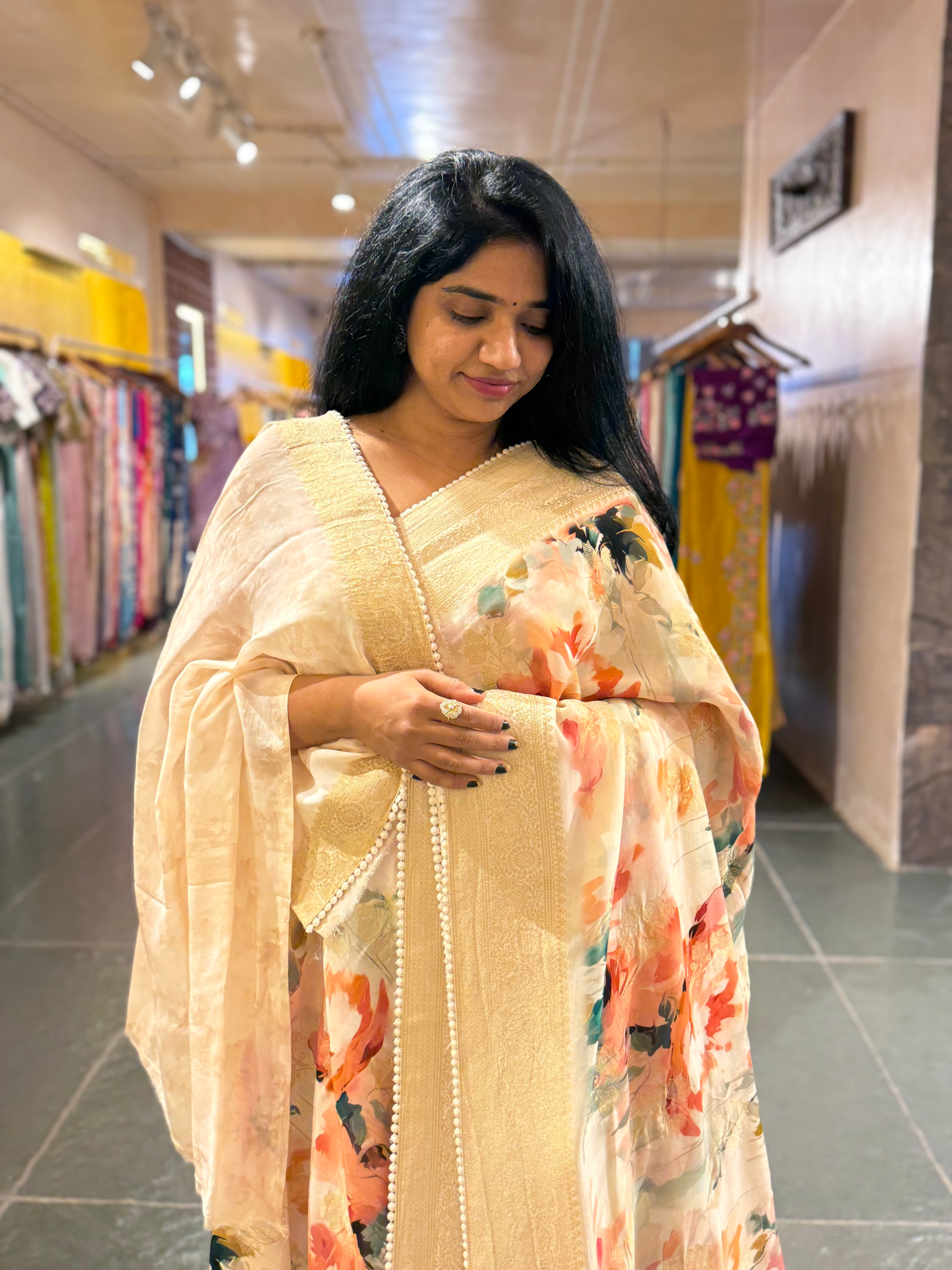 Ivory Lilac Pink Banarasi Khaddi Gorgette Sarees with Floral Print