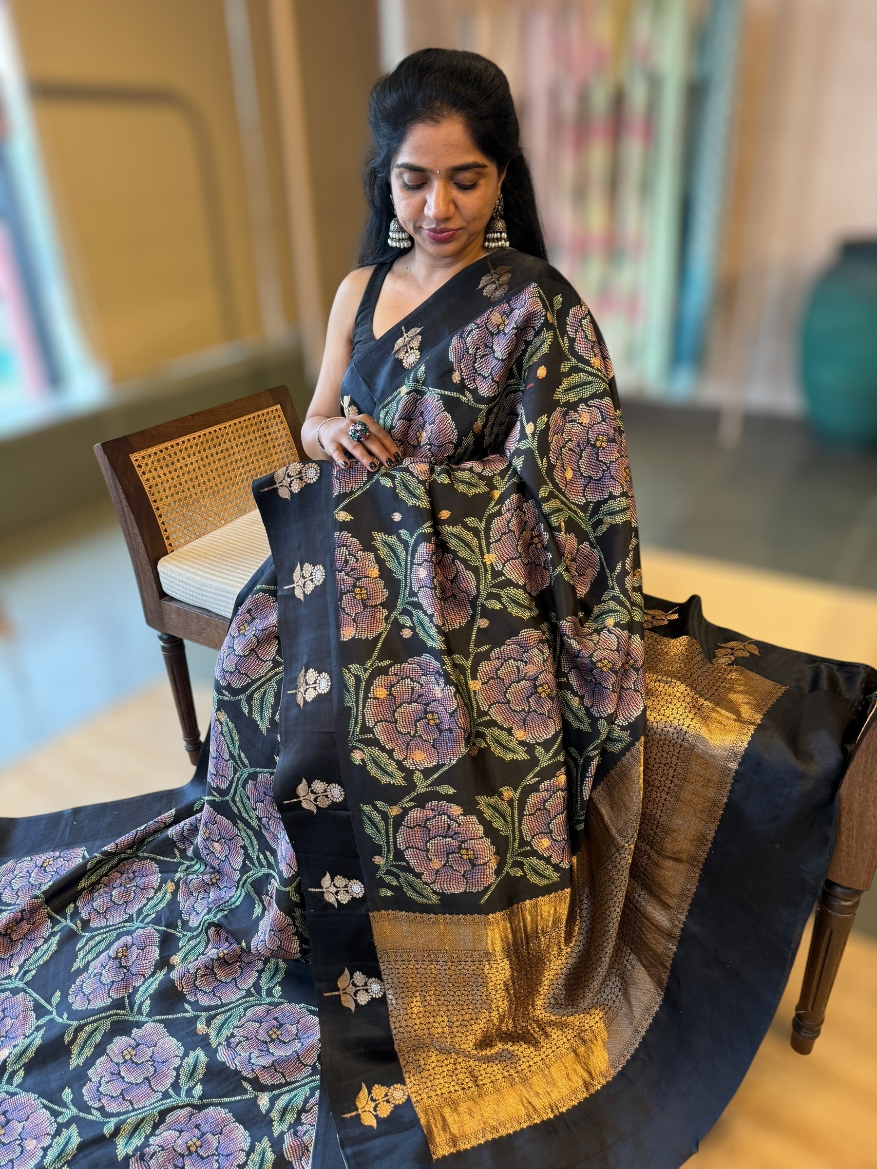 Banarasi Soft Silk m Saree With Cross Stitch Style 3D Floral  Print Allover