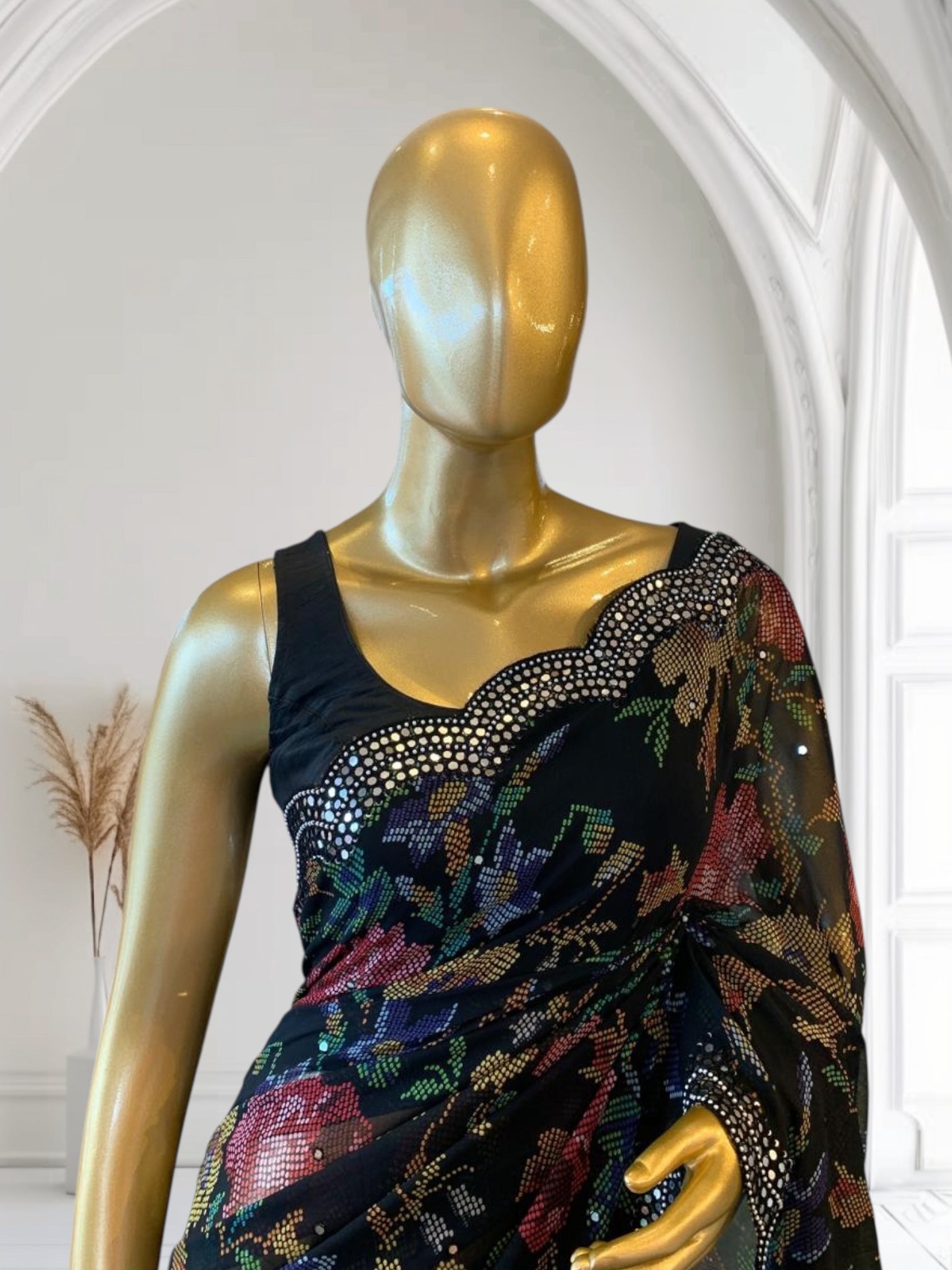 Black Gorgette printed Saree with handwork mirrorwork borders