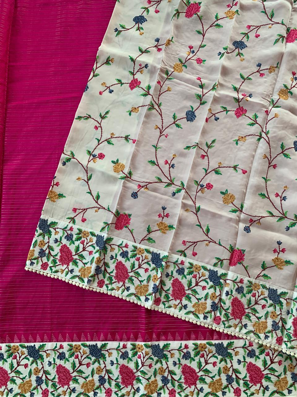 Pink Kanchi Soft Silk Saree With Petite Point Embroidered Border Pallu & Blouse