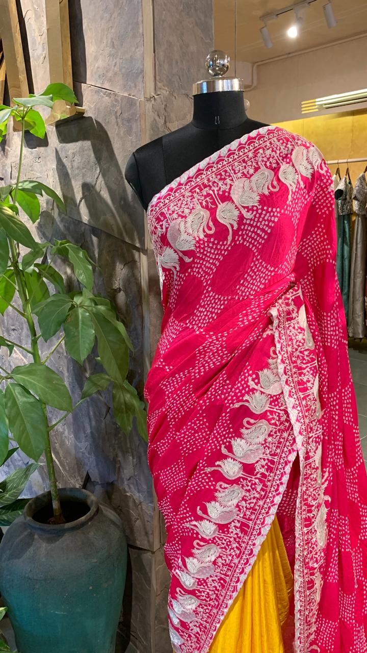 Pure Gajji Silk Rai Bandhej Saree in half and half style with Swan embroidery