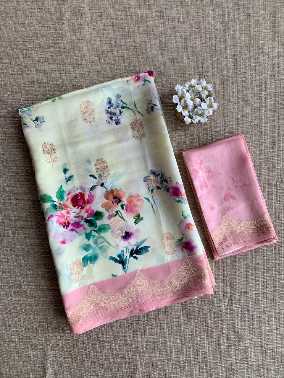Banarasi Soft Silk Printed Saree With Scalloped Woven Zari Border