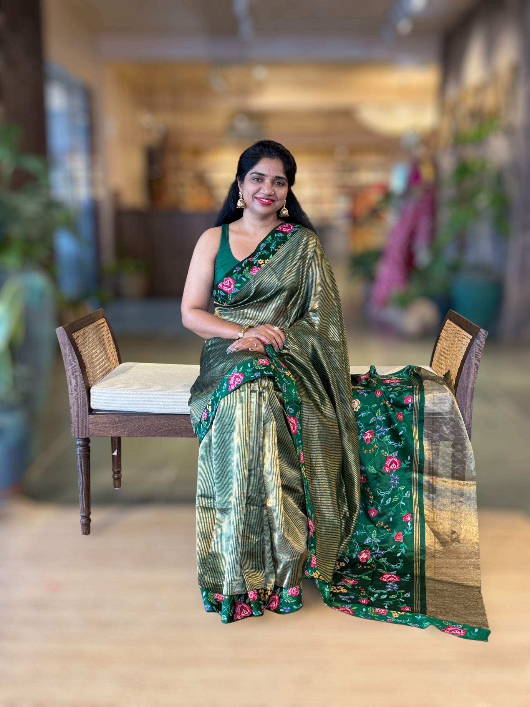 BottleGreen Tissue Stripes Saree wth Petite Point Embroidered Border Pallu & BP