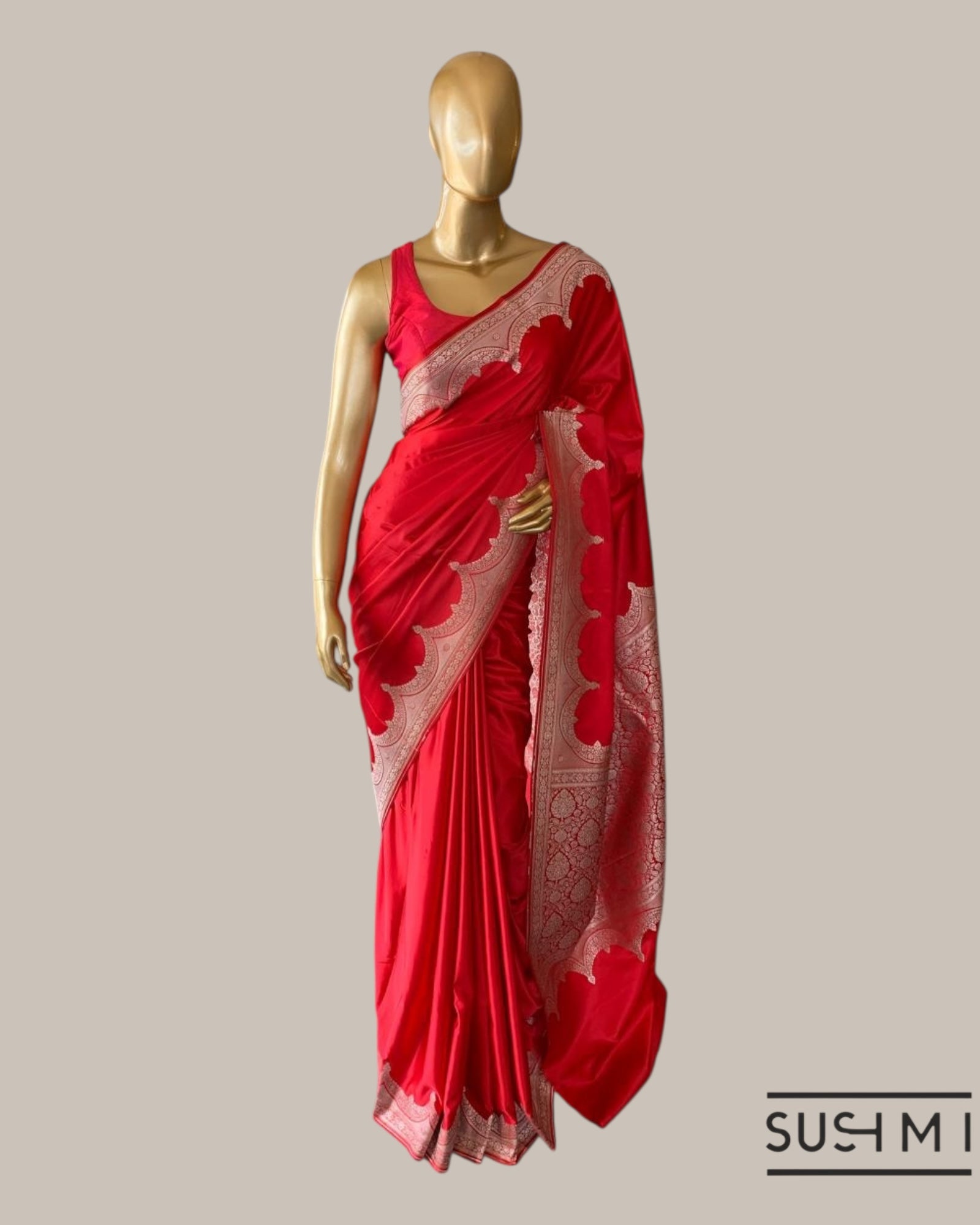 Chilli Red Mashru Silk Saree With Scalloped Border