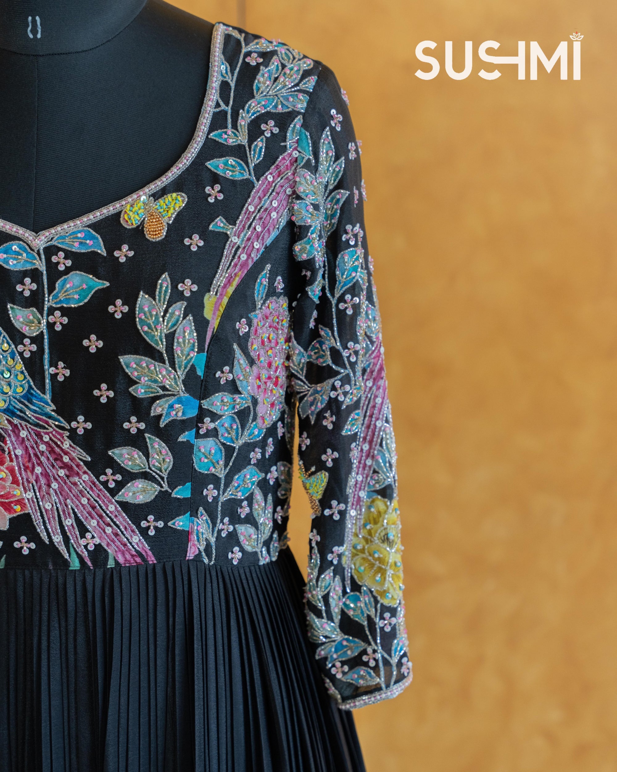Pure Chinnon Printed Long Frock with handwork yoke