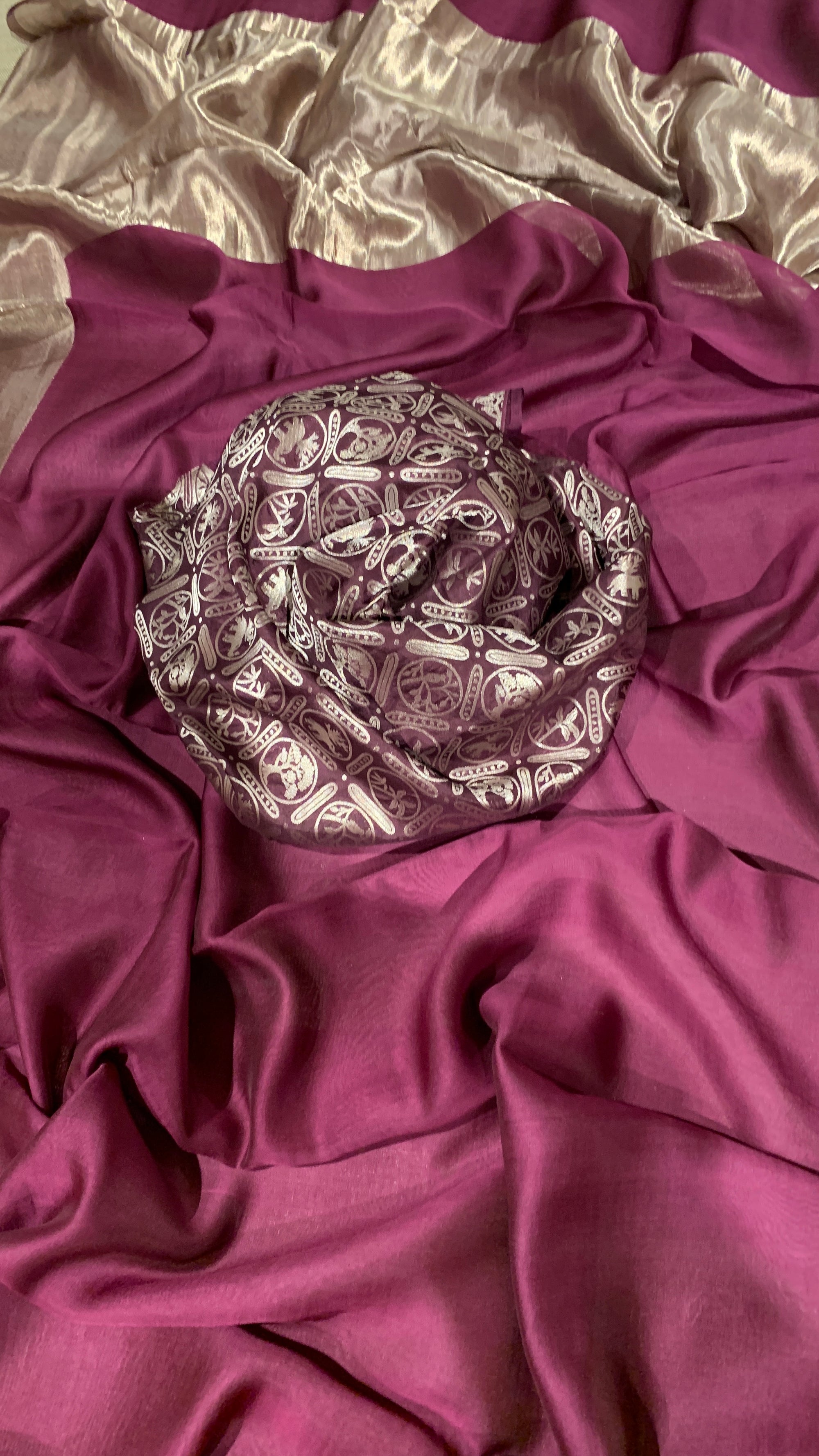 Wine Tussar Kora Saree With Tissue Border & Pallu Paired With Brocade Blouse