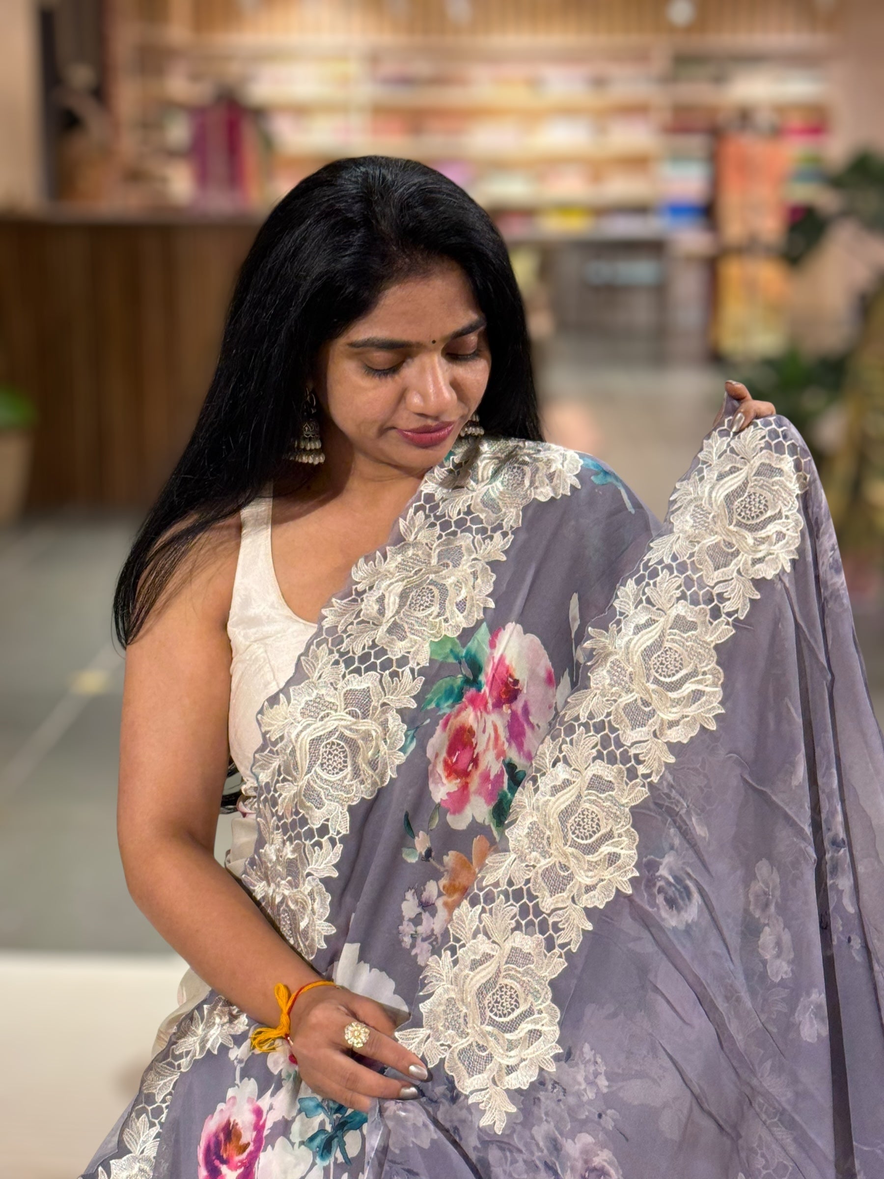 Blusih Grey Gorgette  Saree With Chatilly Lace Style Cutwork embroidered Border